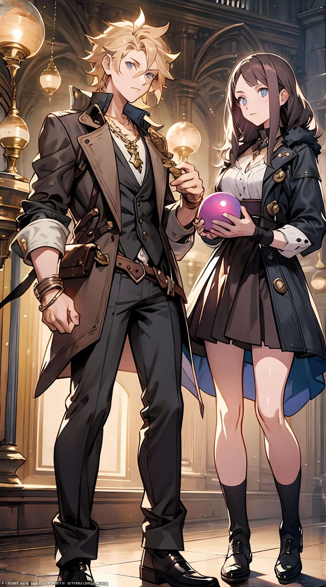 a couple of anime characters standing next to each other, octopath traveler, romance book cover, boris valejo. octopath traveler, octopath traveller style, hands holding big glowing orbs, artbook artwork, full art illustration, official art, official artwork hdr, promotional art, character album cover, light novel cover art, official artwork, romance novel cover