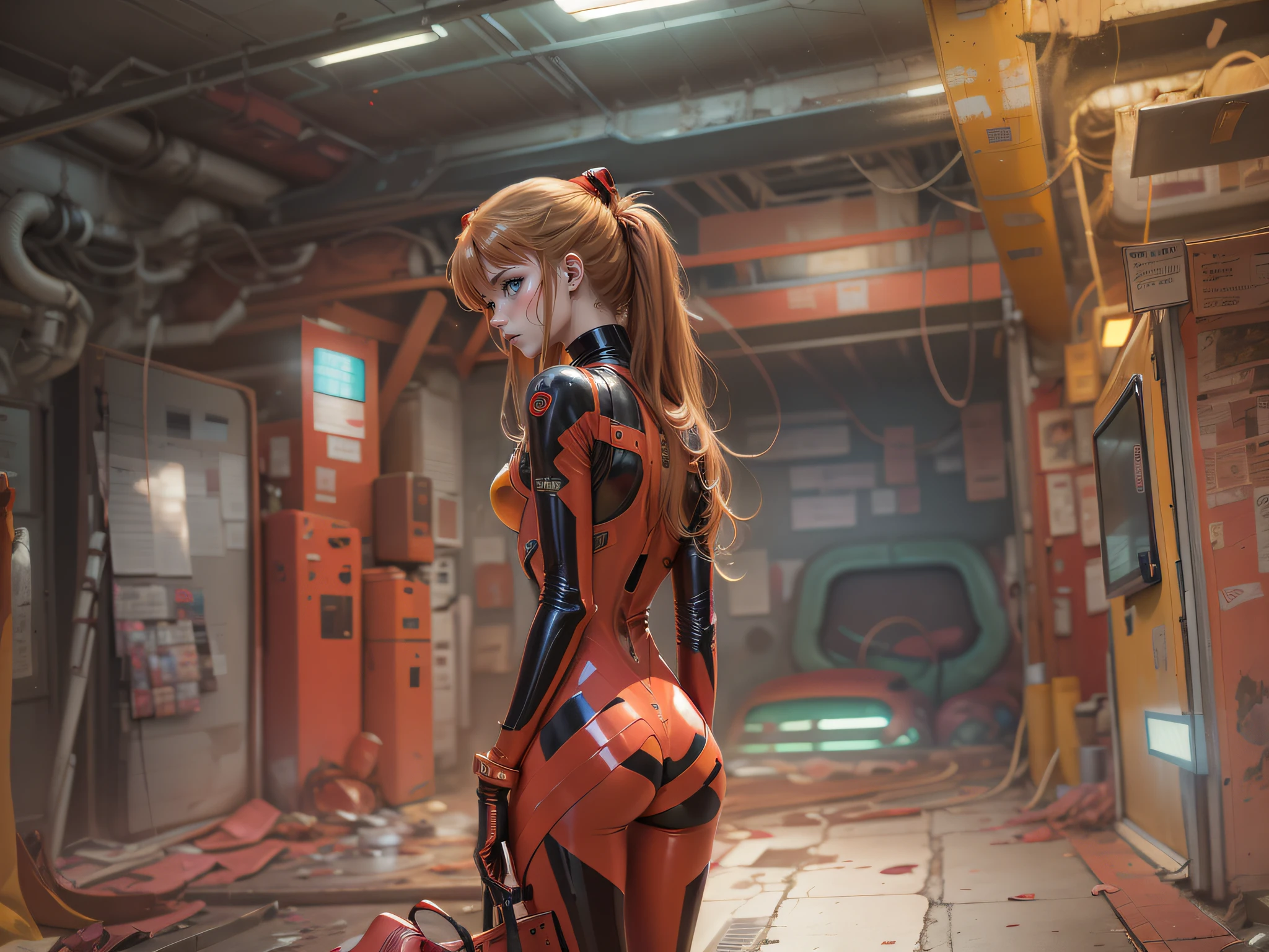 asuka langley, auriculares, enfoque de, flequillo, rubor, bodysuit, pechos, Behind, trasero perfecto, ropa transparente, transparencias, guantes, auriculares, chaqueta, pechos grandes, cabello largo, mangas largas, mirando al espectador, backward facing, boca abierta, brillante, ropa brillante, piel ajustada, en habitacion cyberpunk, solo, muslos, twintails, alice \ (nikke \), (obra maestra: 1.4), (mejor calidad: 1.4), (piel brillante), realista