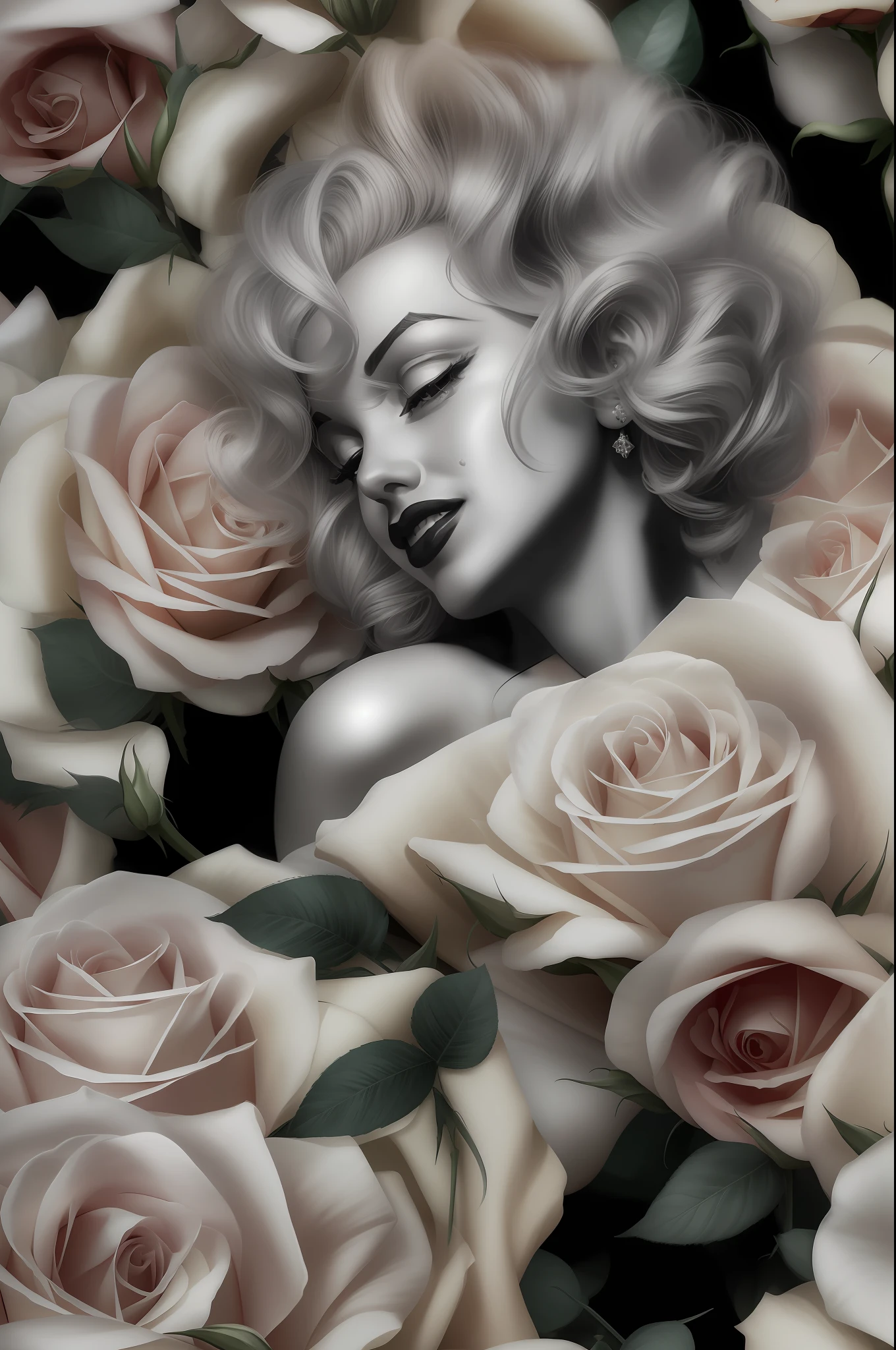 close up photo of Marilyn Monroe, off shoulder ,hyper realistic photo, (rose) digital art, black background, among the roses, official photo art, blown by the wind, masterpiece, beautiful, , intricate detail. Great detail, Trending on Artstation, Rachel Walker