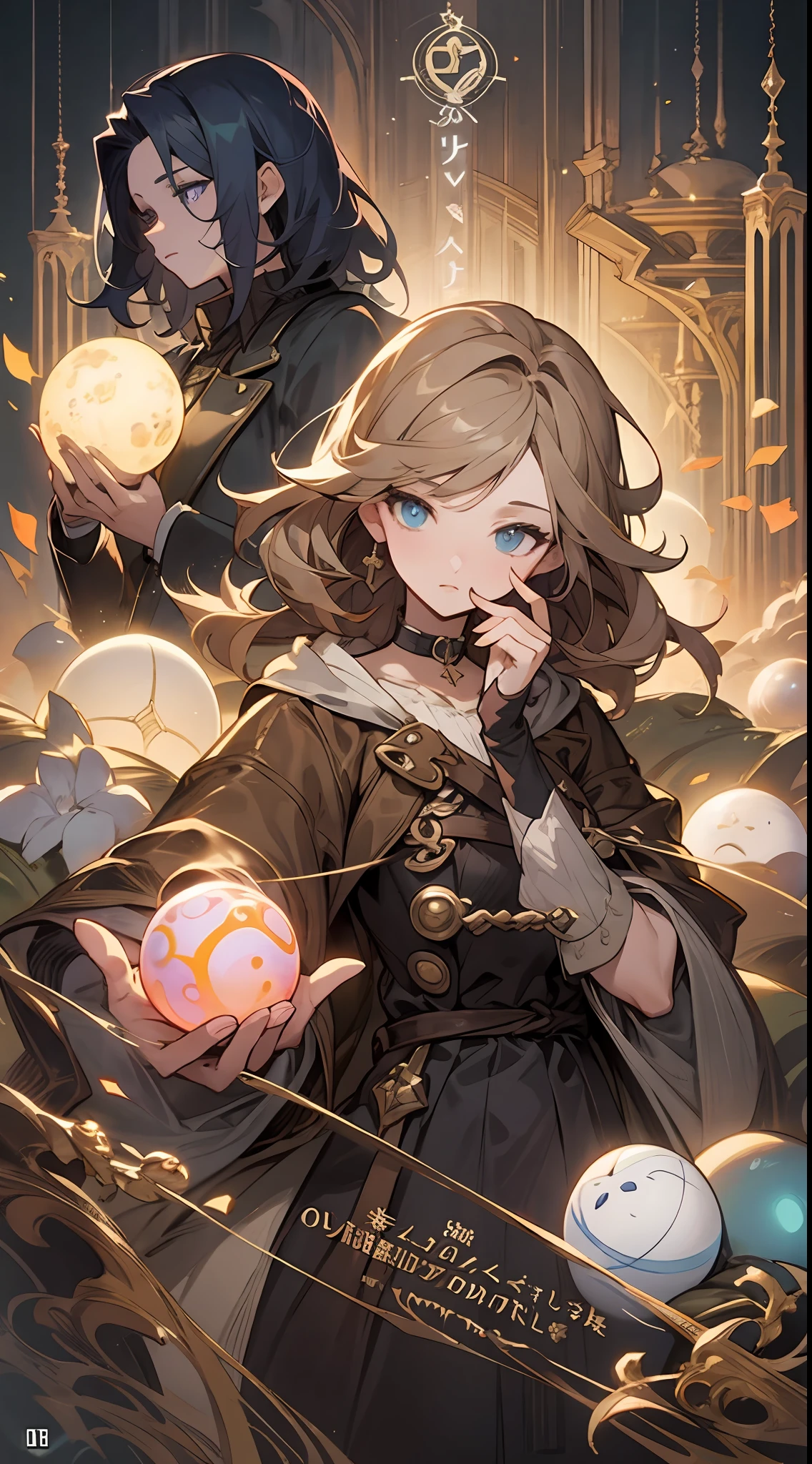 a couple of anime characters standing next to each other, octopath traveler, romance book cover, boris valejo. octopath traveler, octopath traveller style, hands holding big glowing orbs, artbook artwork, full art illustration, official art, official artwork hdr, promotional art, character album cover, light novel cover art, official artwork, romance novel cover