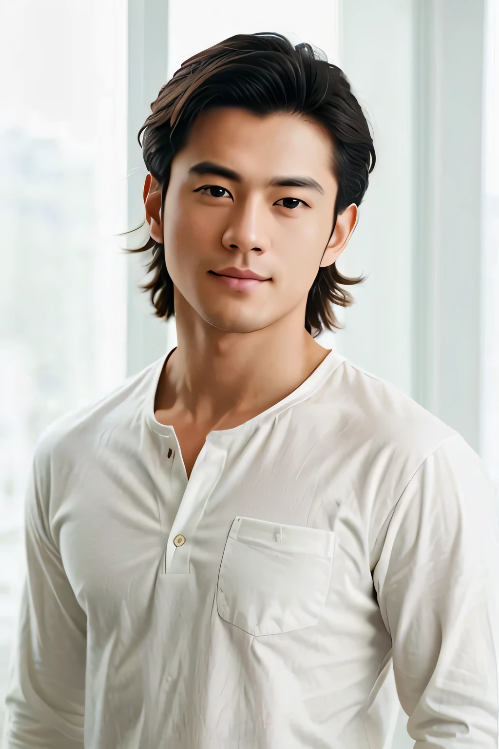 Handsome, double eyelids, long hair tied, bare feet, muscular 30 year old male, wearing white long sleeve shirt, soft light, masterpiece, best quality, 8k uhd, dslr, film grain