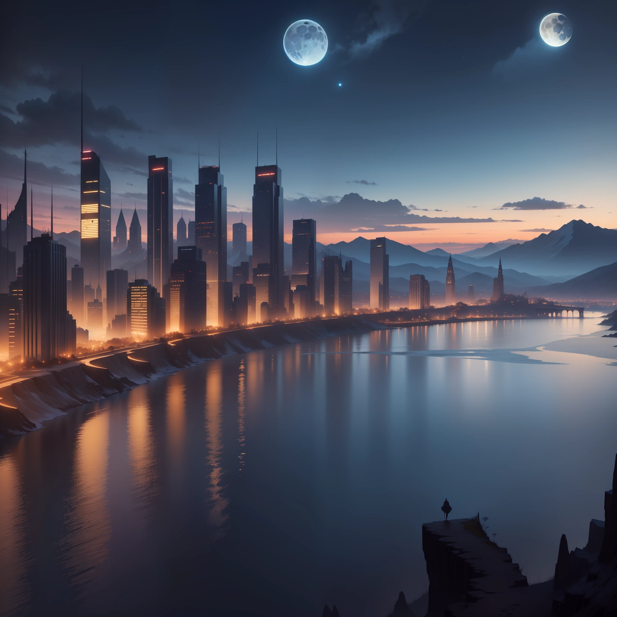 mountains and a lake with a moon in the sky, 4k highly detailed digital art, 4 k hd wallpaper very detailed, impressive fantasy landscape, sci-fi fantasy desktop wallpaper, unreal engine 4k wallpaper, 4k detailed digital art, sci-fi fantasy wallpaper, epic dreamlike fantasy landscape, 4k hd matte digital painting, 8k stunning artwork