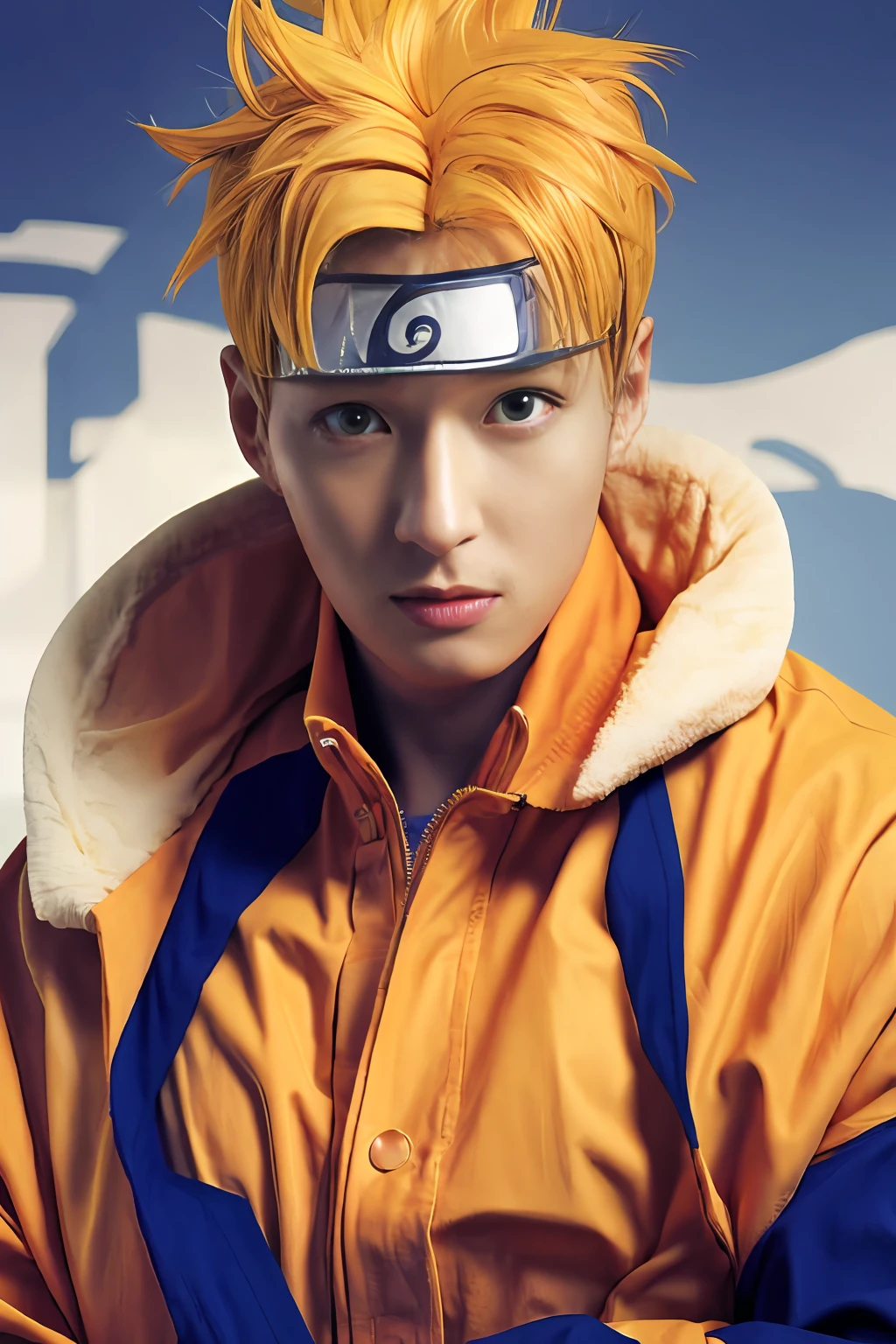 1man, a man with a orange jacket and fluffy white collar, naruto uzumaki, realistic, ultra detail, realistic hair, sharp eye, yellow hair, short hair, blue eye, headband