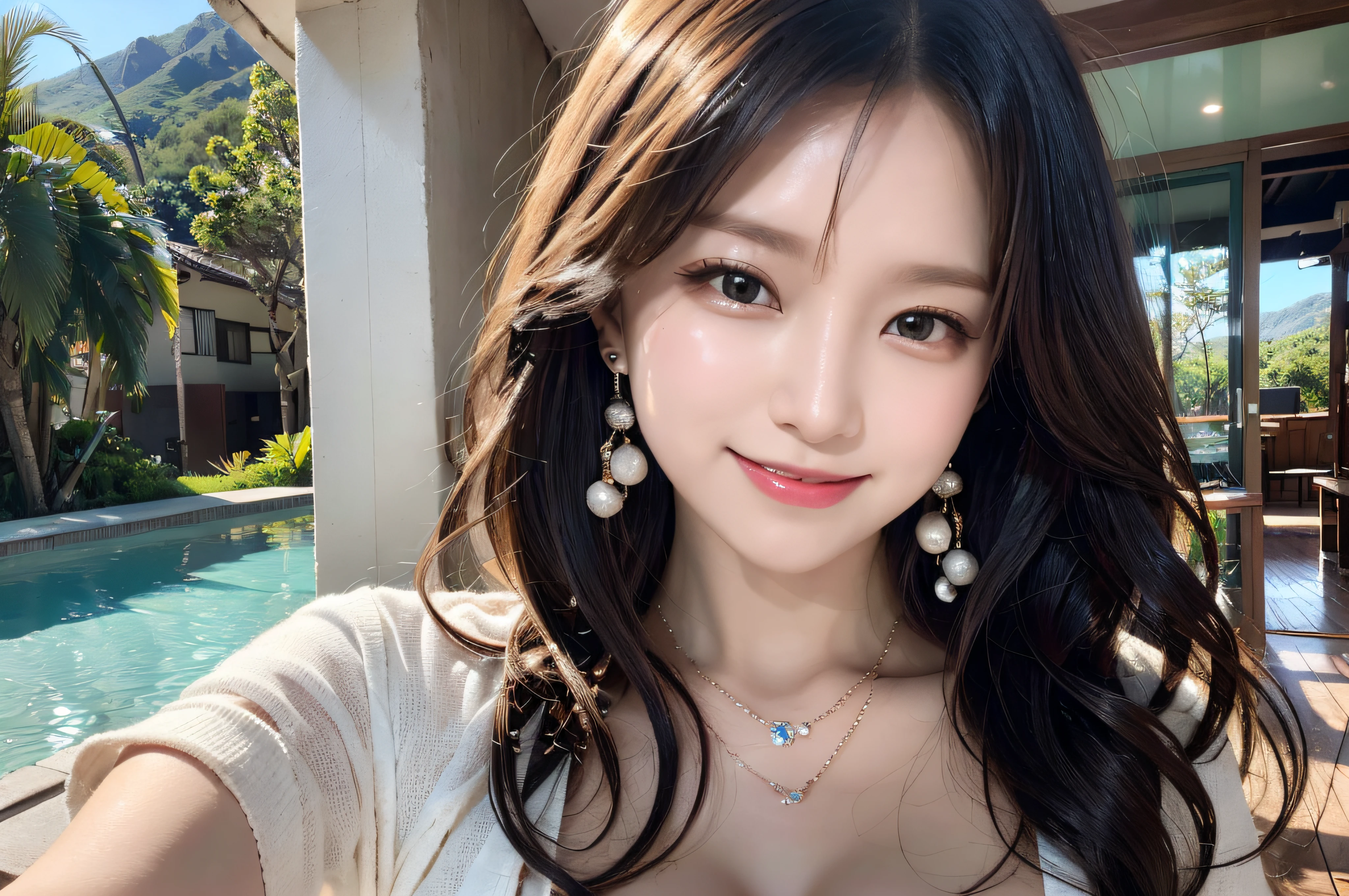 (8K,tmasterpiece),(Pure and charming girl:1.3),country road,Green Mountains and Green Water,tile-roofed house,Wear short sleeves, Black color hair,Big wavy long hair, Very detailed face and skin texture, A detailed eye, 二重まぶた, Pale cheeks, Glossy glossy skin, Moist eyes:1.2, Shiny earrings and necklace, Glossy lips:1.4, White skin of the:1.2,Natural medium breasts, (Sweet smiling:1.2), (looking at viewert), (tiny mouth:1.2),fully body photo,Ultimate detail