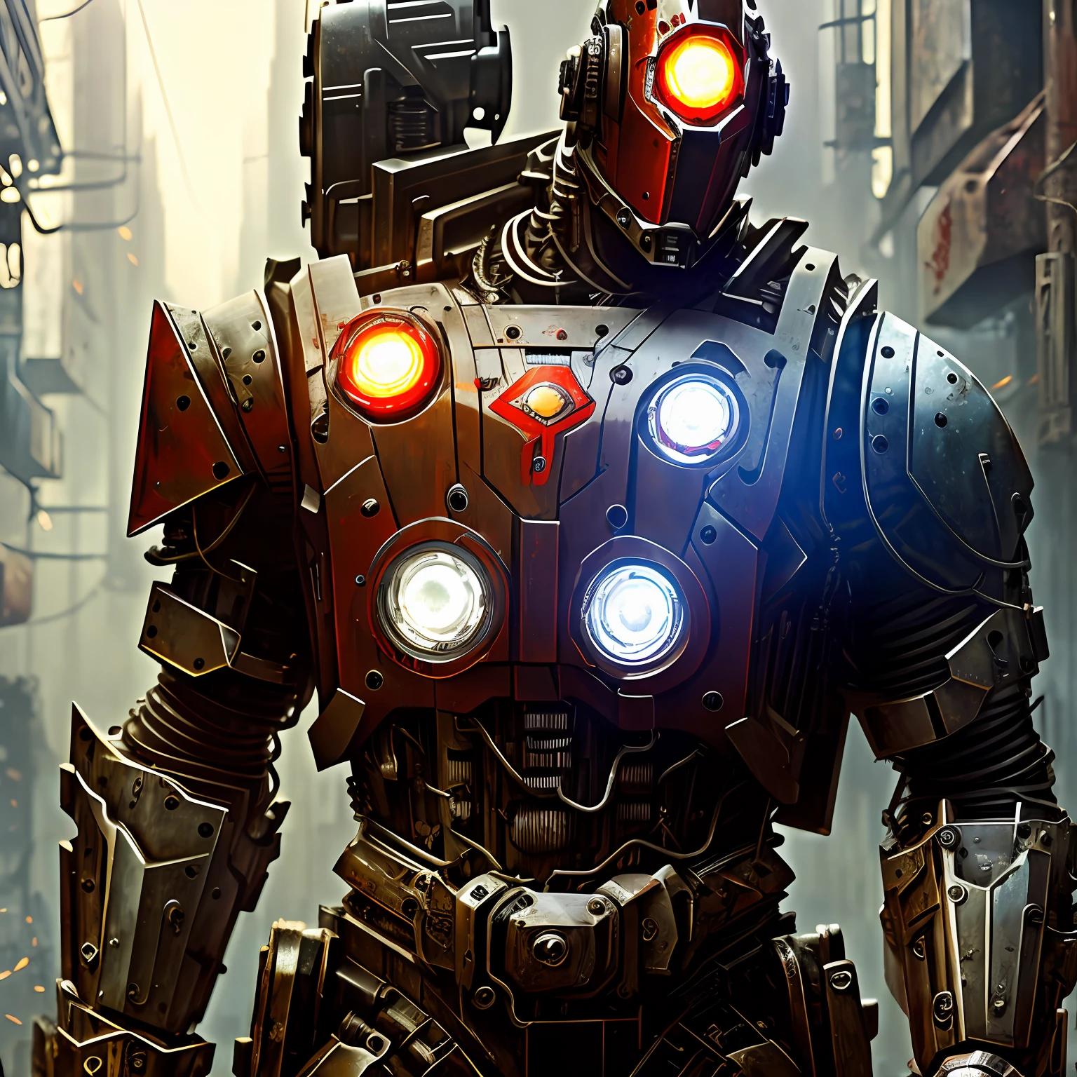 Dark_Fantasy,Cyberpunk,(chain saw,chain saw man,Red:1.1),1man,Mechanical marvel,Robotic presence,Cybernetic guardian, wearing a worn-out mech suit, intricate, (steel metal [rusty]), elegant, clear focus, shot by greg rutkowski, soft lighting, vibrant colors, masterpiece, ((street)), cowboy shot, dynamic pose, --auto