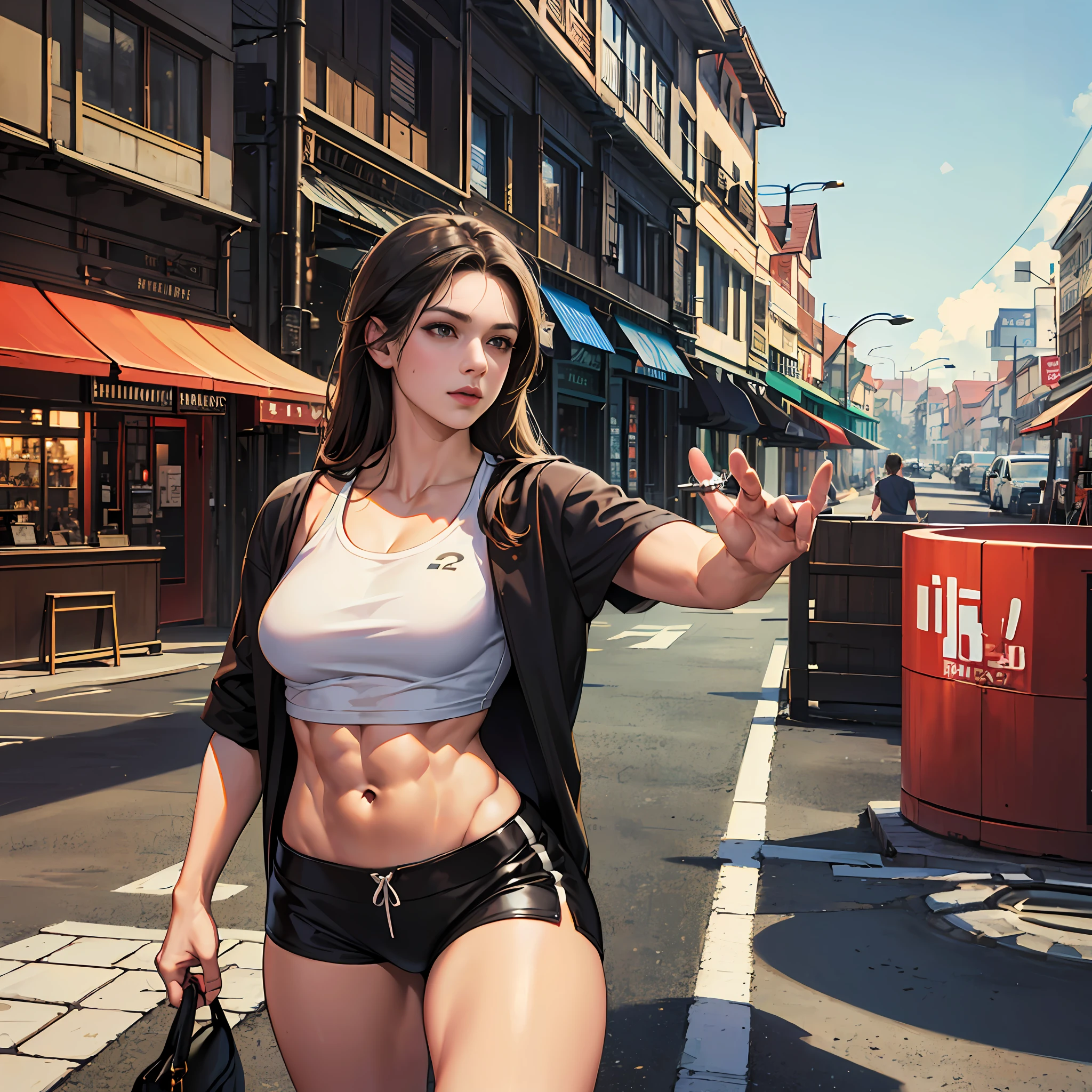 ((Realistic lighting, best qualtiy, 8k, tmasterpiece)), sharp fokus, one-girl, perfect bodies, Slim abs, dark brown  hair, White crop top, exteriors, beachside, the city street, Ultra-fine face, Fine eyes, 二重まぶた --auto