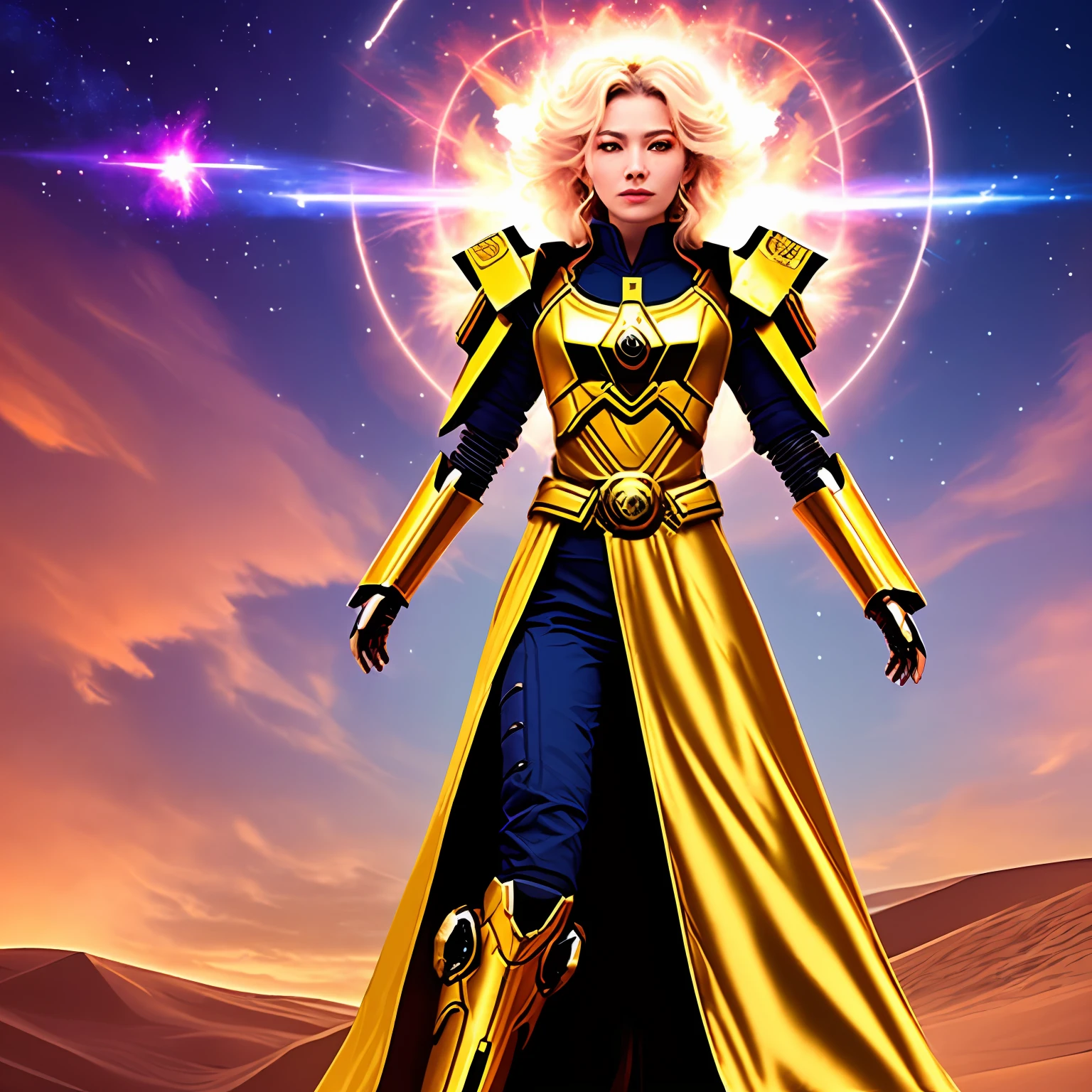 Please create a picture，The content is a maiden in a golden holy robe，Looks like Yang Transcendence，Behind it is a mech