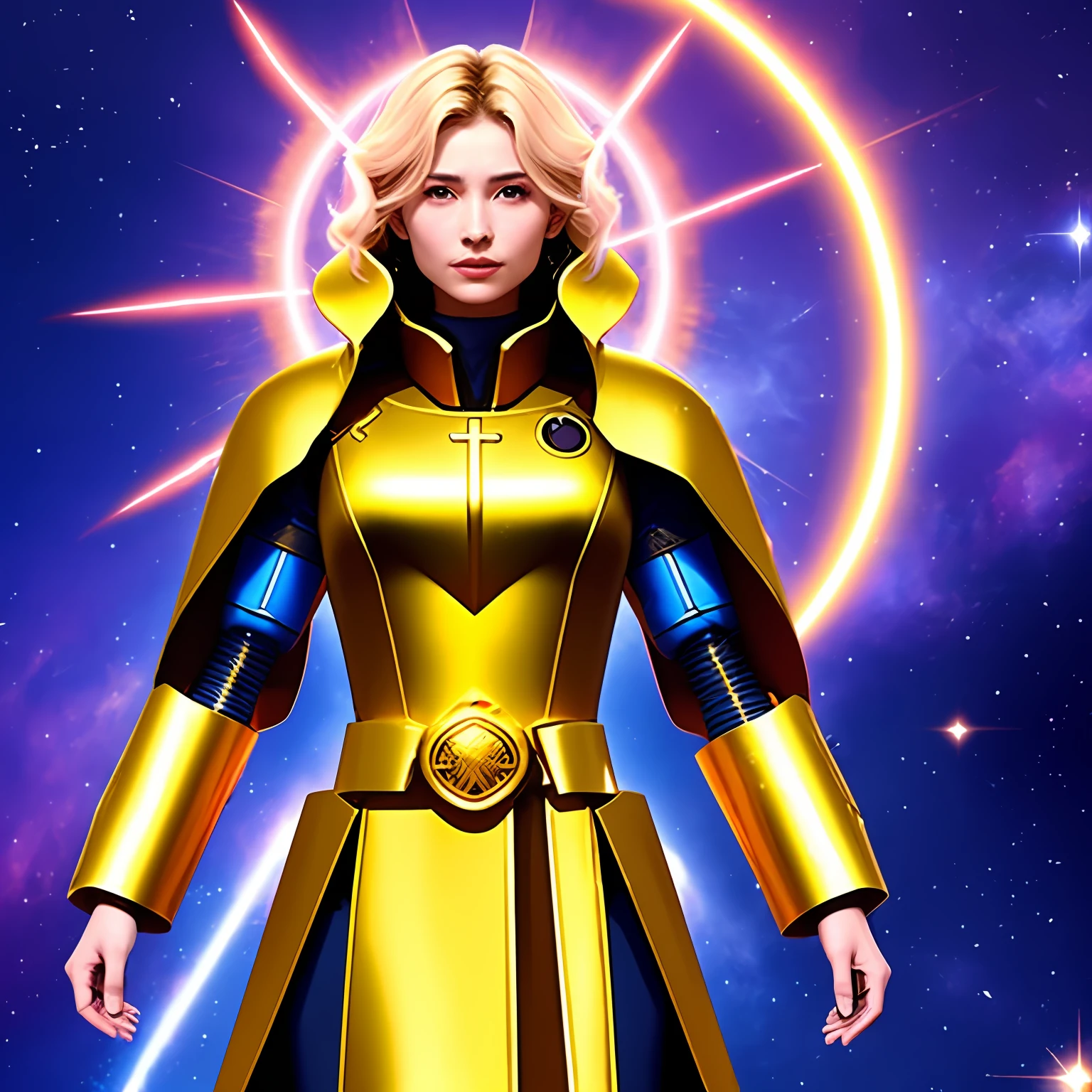 Please create a picture，The content is a maiden in a golden holy robe，Looks like Yang Transcendence，Behind it is a mech