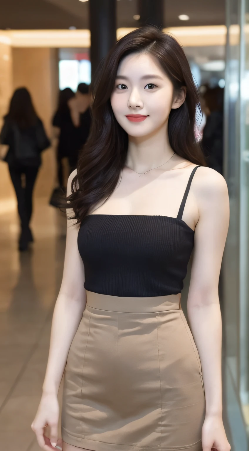 A woman in a black top and tan skirt posing for a picture - SeaArt AI
