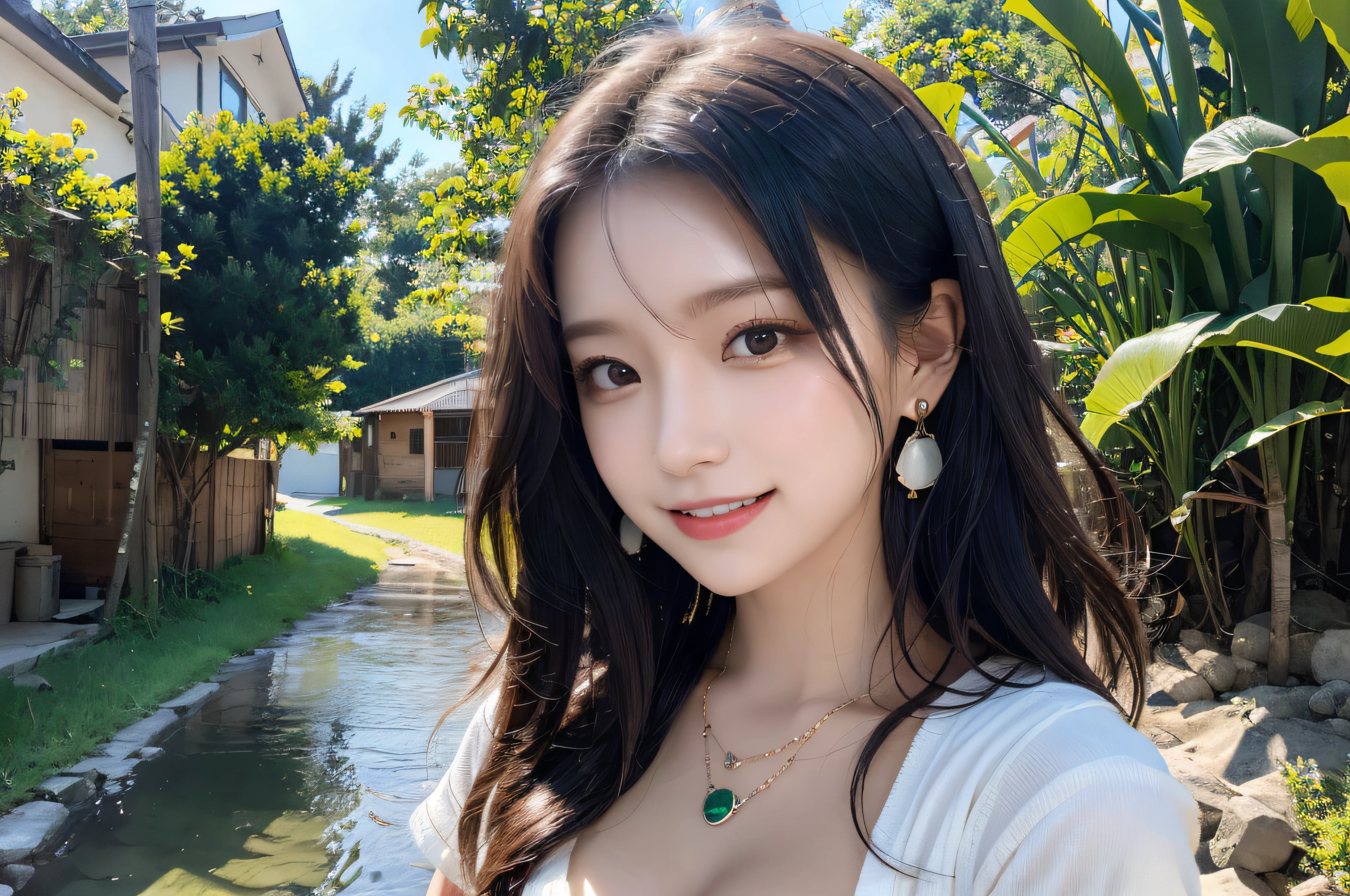(8K,tmasterpiece),(Pure and charming girl:1.3),country road,Green Mountains and Green Water,tile-roofed house,Wear short sleeves, Black color hair,Big wavy long hair, Very detailed face and skin texture, A detailed eye, 二重まぶた, Pale cheeks, Glossy glossy skin, Moist eyes:1.2, Shiny earrings and necklace, Glossy lips:1.4, White skin of the:1.2,Natural medium breasts, (Sweet smiling:1.2), (looking at viewert), (tiny mouth:1.2),fully body photo,Ultimate detail