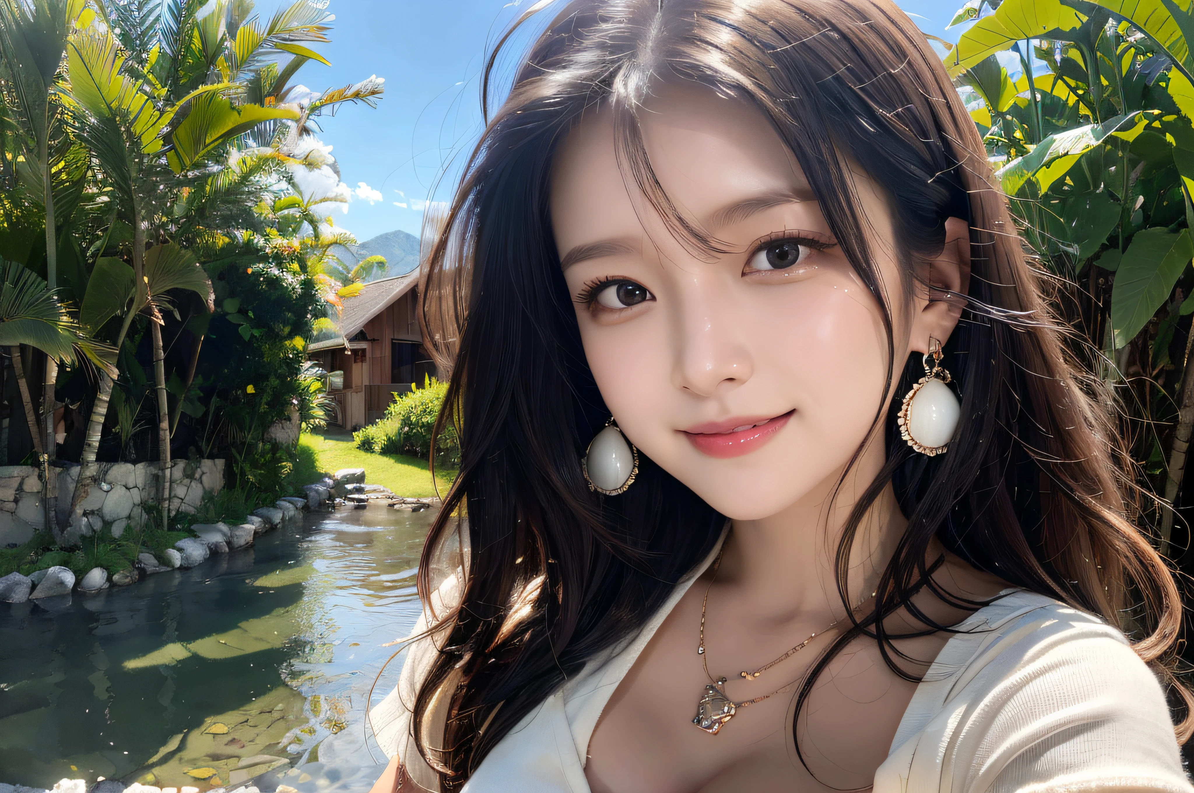 (8K,tmasterpiece),(Pure and charming girl:1.3),country road,Green Mountains and Green Water,tile-roofed house,Wear short sleeves, Black color hair,Big wavy long hair, Very detailed face and skin texture, A detailed eye, 二重まぶた, Pale cheeks, Glossy glossy skin, Moist eyes:1.2, Shiny earrings and necklace, Glossy lips:1.4, White skin of the:1.2,Natural medium breasts, (Sweet smiling:1.2), (looking at viewert), (tiny mouth:1.2),fully body photo,Ultimate detail