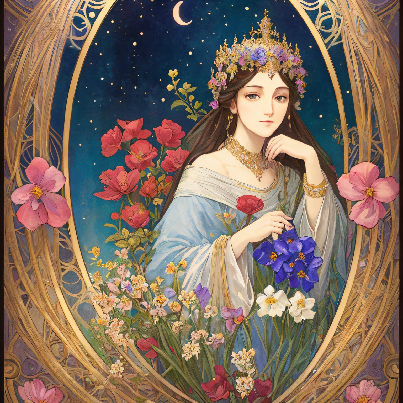 Picture a serene High Priestess, rendered in the delicate lines and decorative motifs reminiscent of Alphonse Mucha's artwork. She sits at the center of the card, a mysterious figure holding a book - the sacred text of hidden knowledge - close to her heart. Her eyes, imbued with an ageless wisdom, gaze at the viewer with an enigmatic calmness.
The High Priestess is surrounded by a vibrant profusion of flowers in the impressionistic style of Claude Monet. Poppies, irises, water lilies - every bloom is a riot of color, creating a harmonious contrast with the Priestess's placid demeanor. These flowers, symbols of nature's wisdom, appear to whisper the secrets of the universe to the silent observer.
Above her head, a crescent moon illuminates her figure, casting a gentle, silvery glow that highlights her features and the flowers. Stars sprinkle the space around her, serving as a testament to her knowledge and mystic power.
In the backdrop, envisage a nightscape or deep-sea setting. Bathed in subtle hues, it brings an aura of mystery to the card, which aligns with the High Priestess's significance. Adorn this background with intricate floral patterns and plant motifs, taking inspiration from Mucha's art nouveau style.
As you visualize this scene, remember, the goal is to portray the fundamental symbolism of the High Priestess - intuition, secrets, the unknown, and mystical knowledge. Let your creativity flow and blend these diverse elements into a harmonious design. --auto