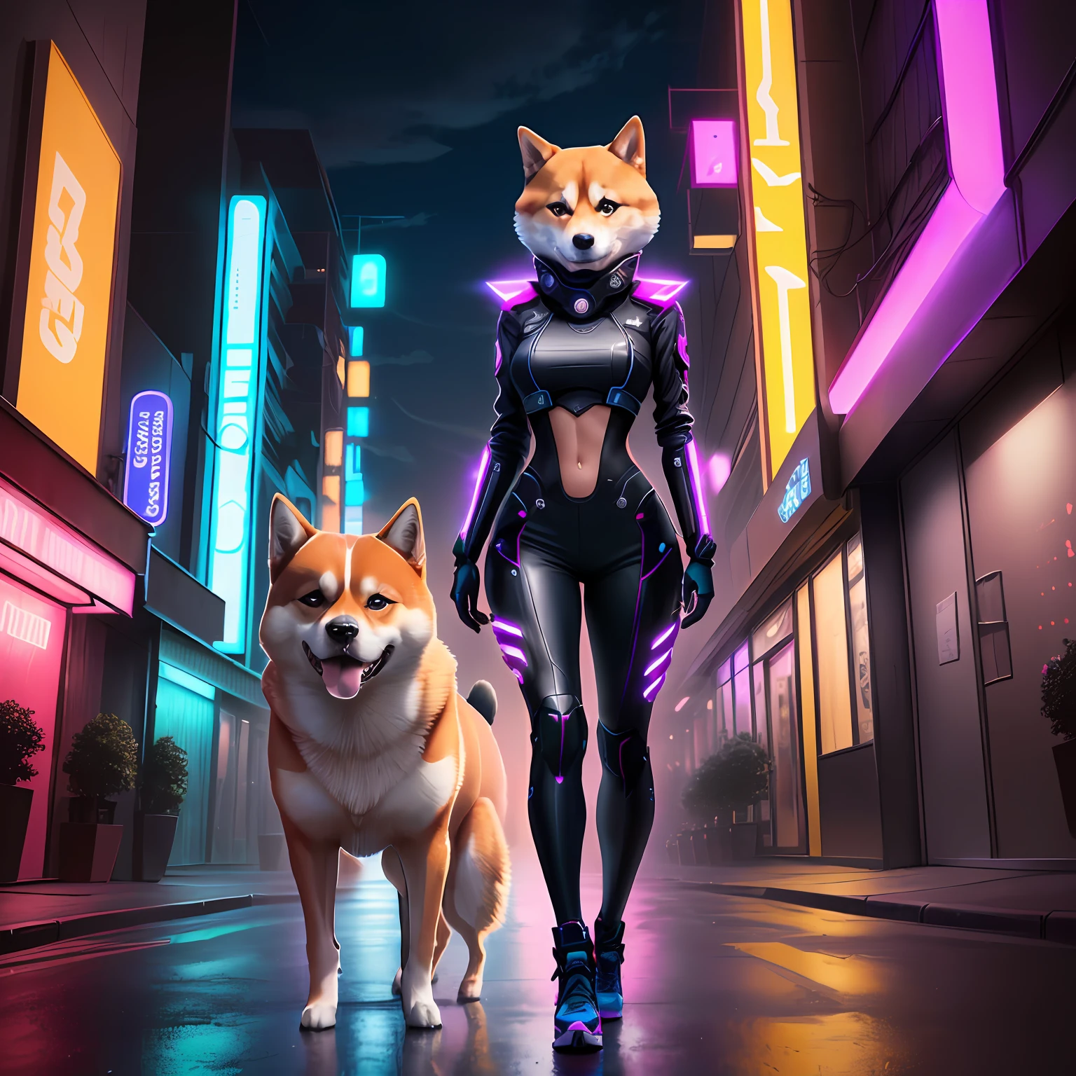 Shiba Inu,full body portrait of a beautiful futuristic vibe, photorealistic Shiba inu.  Model.  average length.  Fringe.  Slim body.  Toned arms.  Huge bust.
 neon lighting, (vibrant brightness: 1.2), dynamic colors, sharp contrast, futuristic vibe, electric energy, reflective surfaces, (cityscape: 1.3),