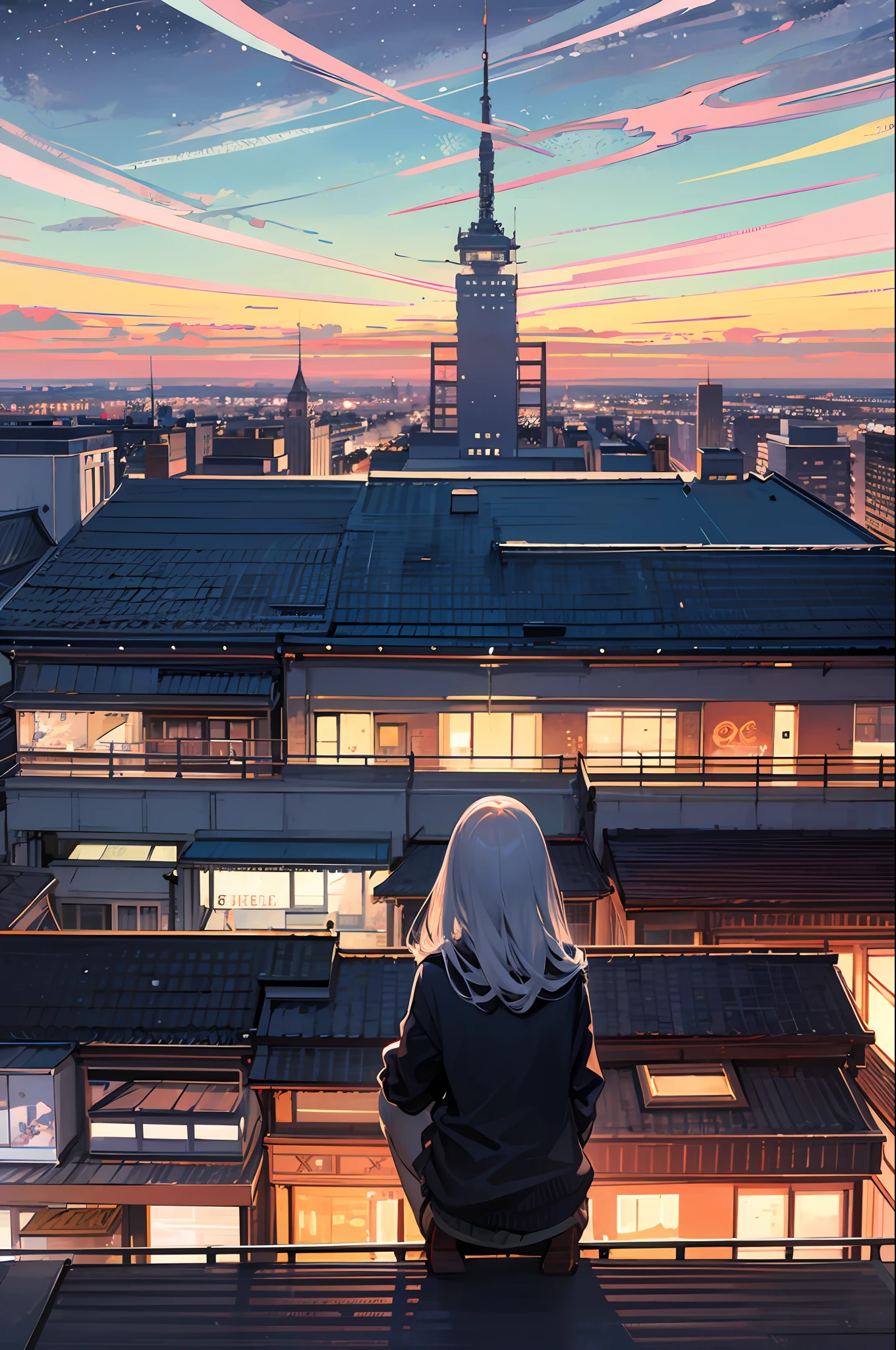 octans, sky, star (sky), scenery, starry sky, night, 1girl, night sky, solo, outdoors, building, cloud, milky way, sitting, tree, long hair, city, silhouette, cityscape