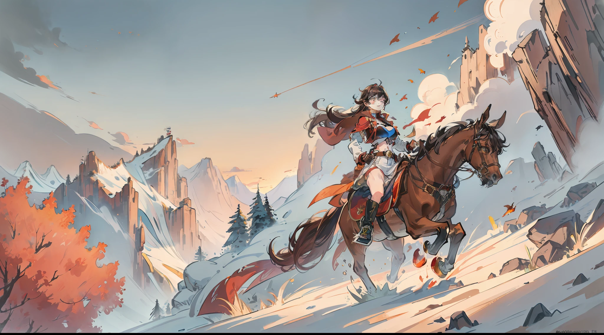 amber \(Genshin Impact\),Amber 5 stars,Amber eyes,brown hair,Default clothes,brown shorts,white stockings,Brown leather gloves,red hairband,Smile,Red sleeves,crossed bangs,hair between eye,Neck goggles,Protective goggles,cleavage,middlebreast,above the mountains,with blue sky and white clouds,ln the forest,rios,small town,Mondstadt,Smoke,Scout Knight
