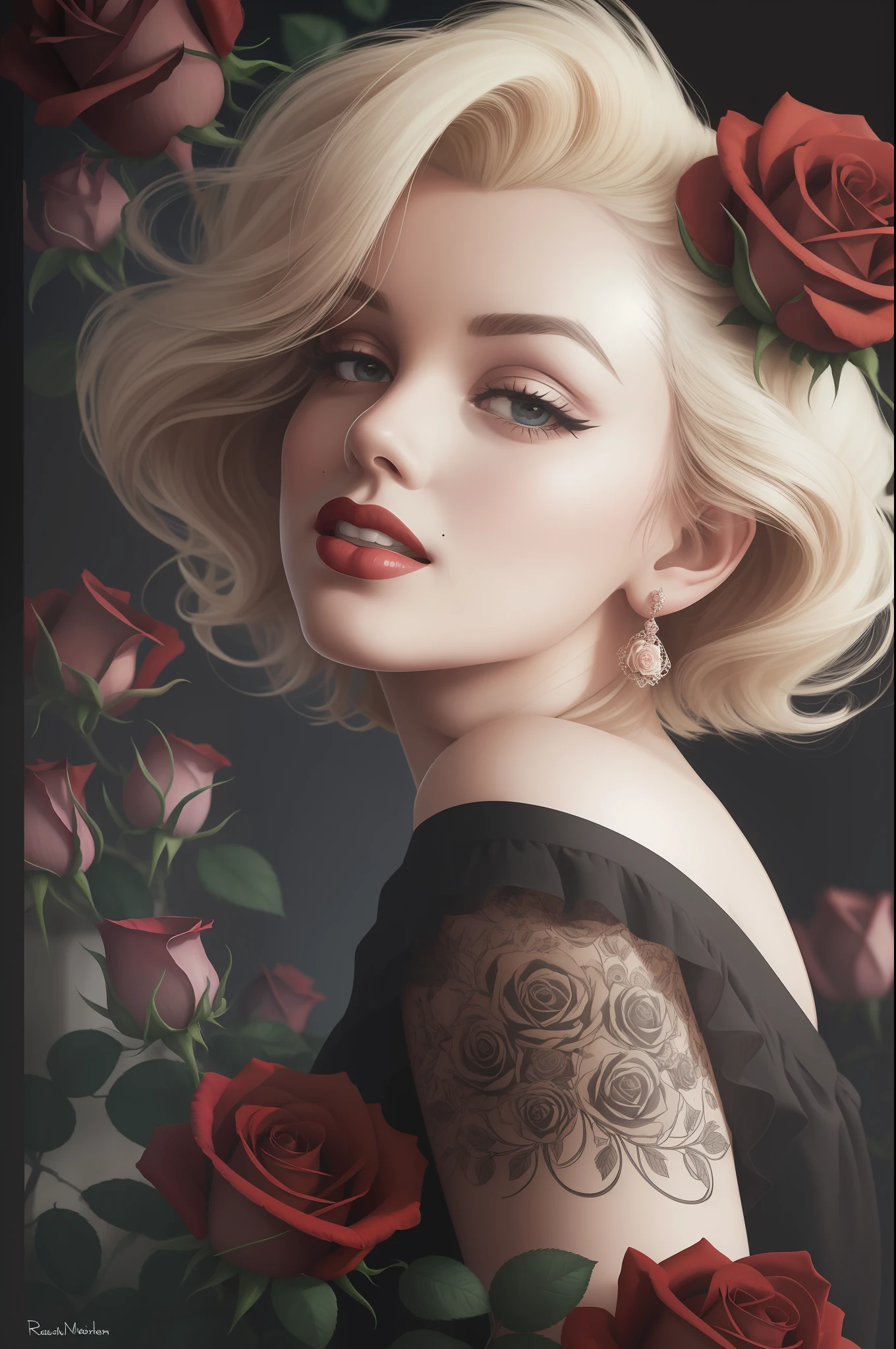 close up photo of Marilyn Monroe, off shoulder ,hyper realistic photo, (rose) digital art, black background, among the roses, official photo art, blown by the wind, masterpiece, beautiful, , intricate detail. Great detail,  Trending on Artstation, Rachel Walker