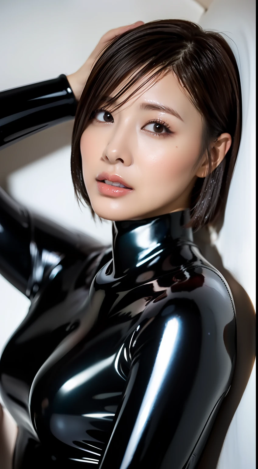 (Best Quality, 8k, 32k, Masterpiece, UHD: 1.2), Cute Japan Female Pictures, 1 Girl, (Medium: 1.1), (Tall Women), (Slim Figure: 1.1), (Glossy, Wet, Rubber Suit), Dark Brown Short Hair), Double Eyelids, Wet Skin, Wet Hair, Lying in Bed