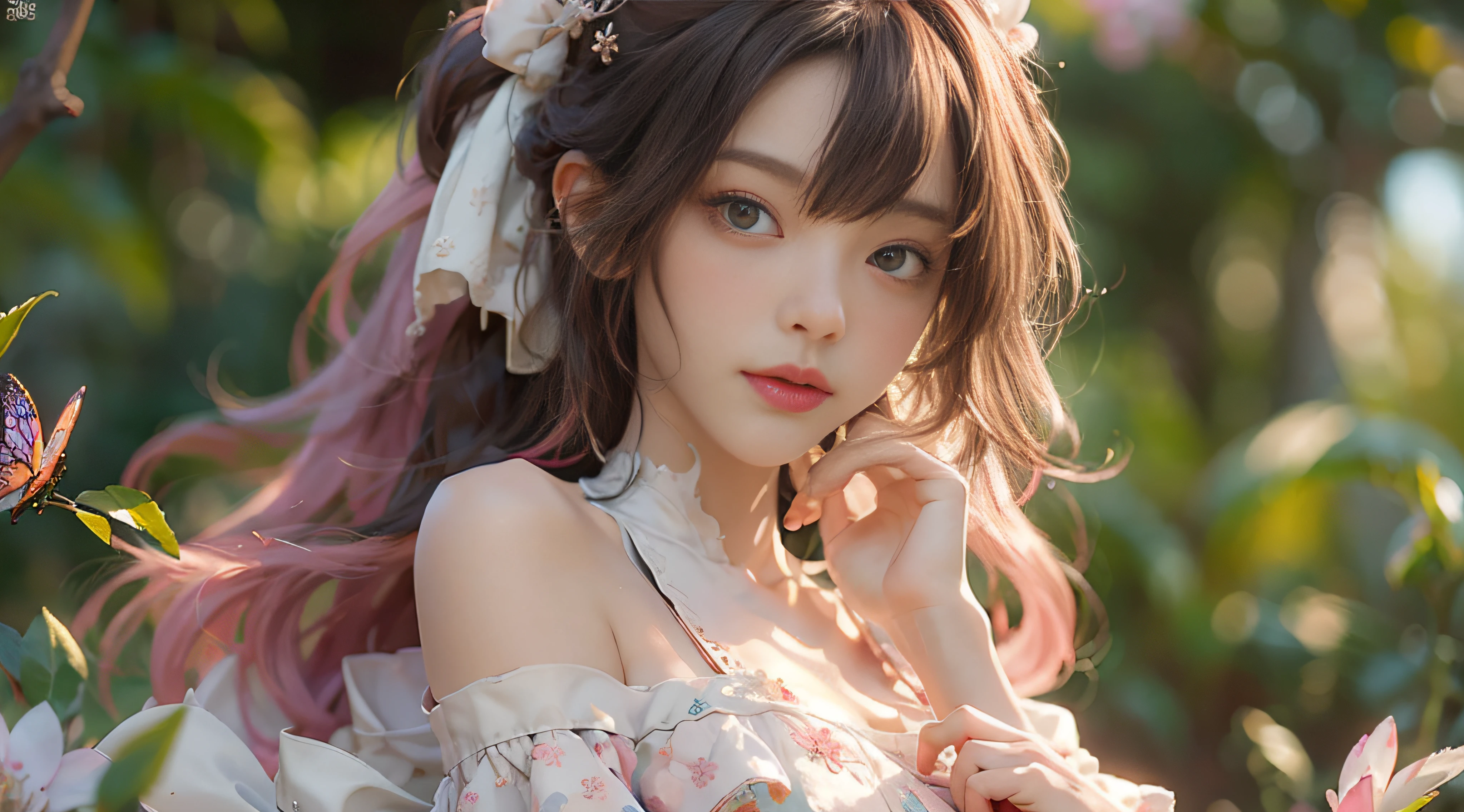 ((best qualtiy)), ((tmasterpiece)), (detail:1.4), 3D, Beautiful cyberpunk female images,hdr(HighDynamicRange),Ray traching,NVIDIA RTX,Hyper-Resolution,illusory 5,Sub-surface scattering,PBR textures,post-proces,Anisotropy Filtering,depth of fields,maximum definition and sharpness,Many-Layer Textures,Albedo e mapas Speculares,Surface coloring,Mitsu-Accurate simulation of material interactions,perfectly proportioned,rendering by octane,Two-colored light,largeaperture,Low ISO,White balance,Rule three points、8K raw data、beautiful bright pupils,off-the-shoulder clothes,Fine pupils,Delicate face and eyes,long eyelasher,Blushlush,Delicate and fluffy hair,Pink lips,Pure,Cute big breasts,Sweet girl,Artistic sense,Casual wear,Advancedsense,butterflys,Cherry blossom petal,Beautiful hair accessories
