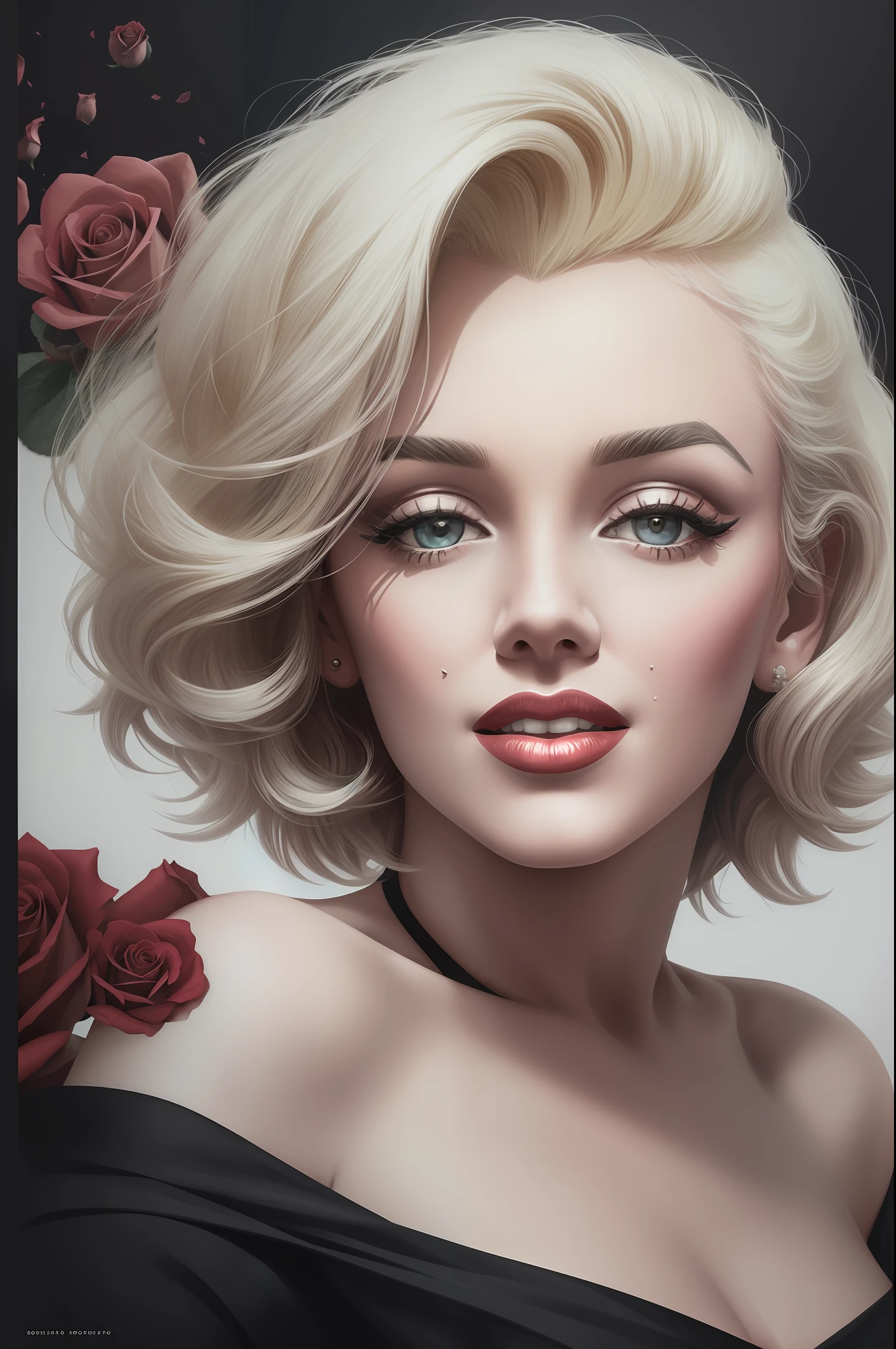 close up photo of Marilyn Monroe, off shoulder ,hyper realistic photo, (rose) digital art, black background, among the roses, official photo art, blown by the wind, masterpiece, beautiful, , intricate detail. Great detail,  Trending on Artstation, Rachel Walker
