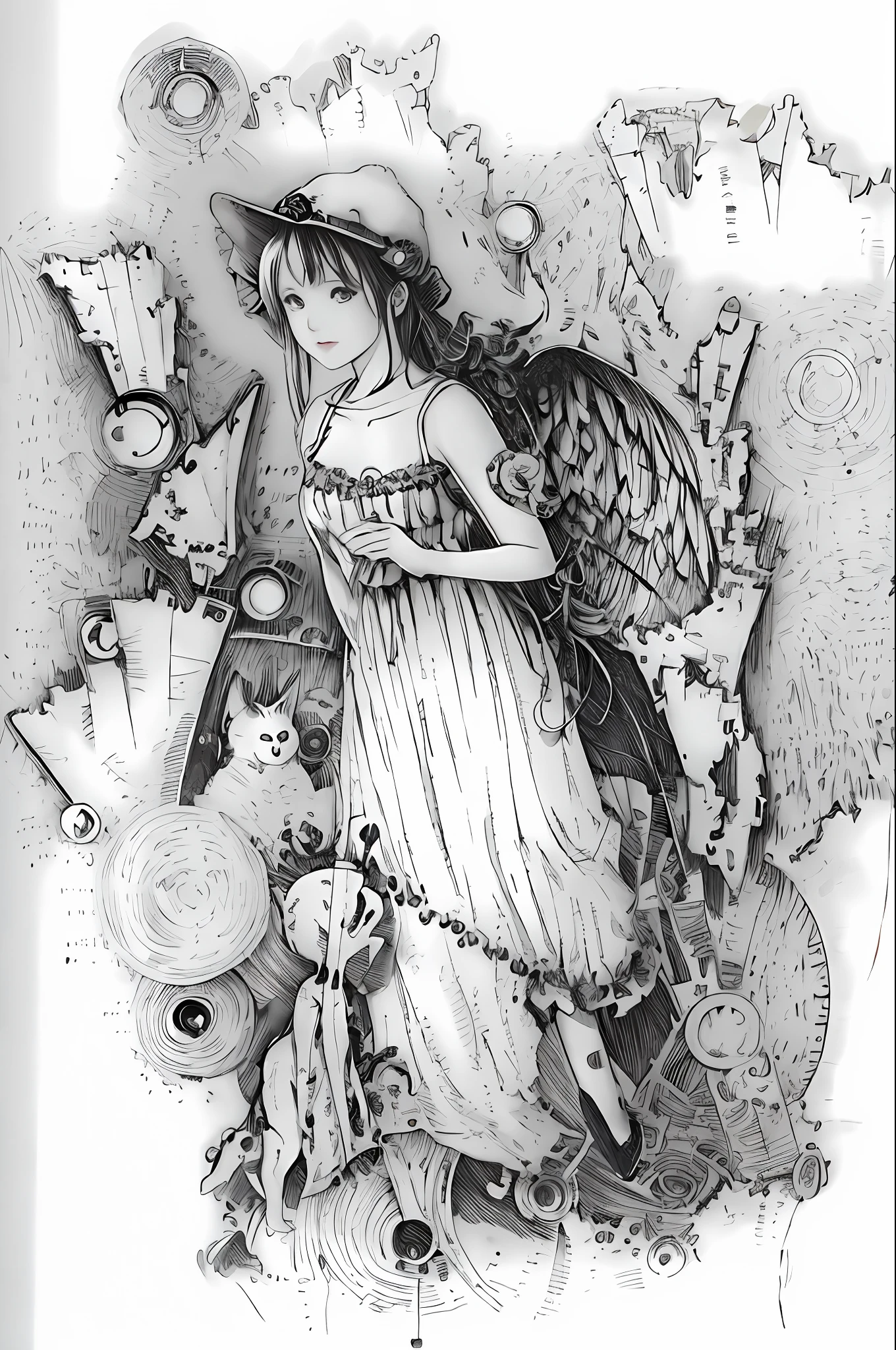 Draw a woman with a bird and a clock in her hand, steampunk angel, mechanical angel, intricate manga drawing, pencil and ink manga, author:by Yumihiko Amano, inspired by amano, inspired by Yoshitaka Amano, pencil and ink manga drawing, inspired by Yumihiko Amano, Manga illustration, black and white manga style, Official illustration