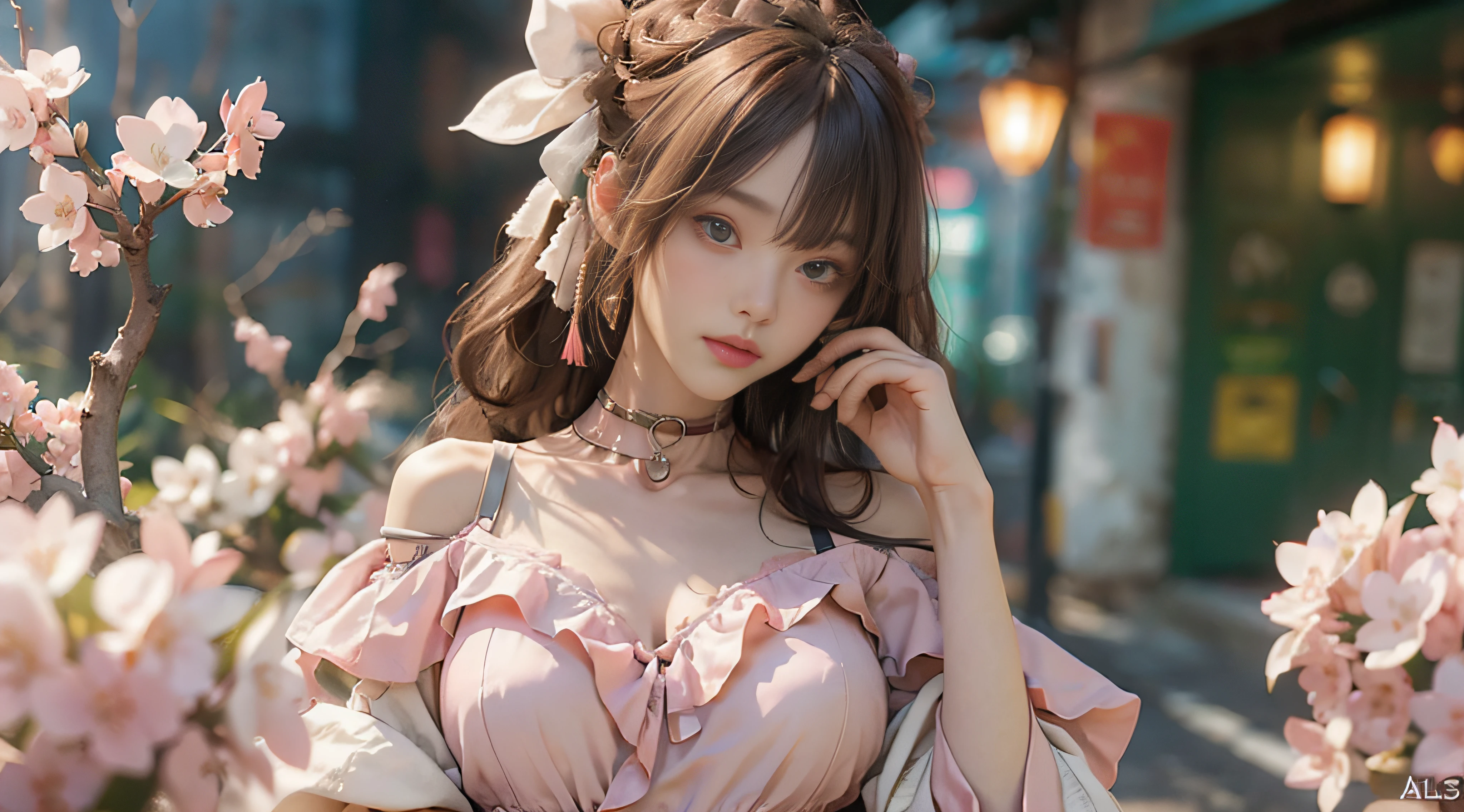 ((best qualtiy)), ((tmasterpiece)), (detail:1.4), 3D, Beautiful cyberpunk female images,hdr(HighDynamicRange),Ray traching,NVIDIA RTX,Hyper-Resolution,illusory 5,Sub-surface scattering,PBR textures,post-proces,Anisotropy Filtering,depth of fields,maximum definition and sharpness,Many-Layer Textures,Albedo e mapas Speculares,Surface coloring,Mitsu-Accurate simulation of material interactions,perfectly proportioned,rendering by octane,Two-colored light,largeaperture,Low ISO,White balance,Rule three points、8K raw data、beautiful bright pupils,off-the-shoulder clothes,Fine pupils,Delicate face and eyes,long eyelasher,Blushlush,Delicate and fluffy hair,Pink lips,Pure,Cute big breasts,Sweet girl,Artistic sense,Casual wear,Advancedsense,butterflys,Cherry blossom petal,Beautiful hair accessories