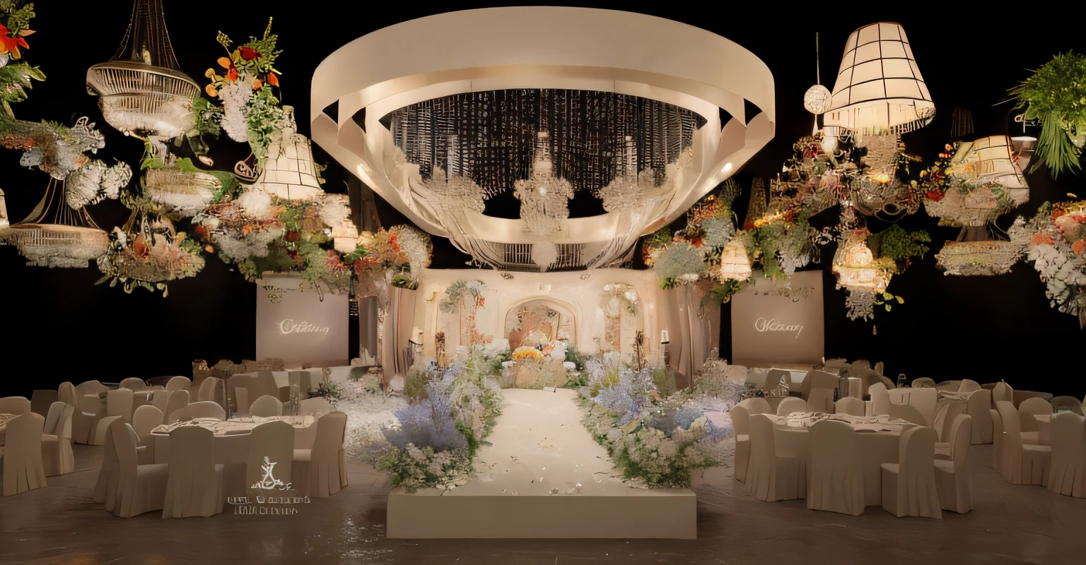Close-up of wedding with chandelier and table, luxurious wedding, Beautiful rendering of the Tang Dynasty, intricate sparkling atmosphere, fairy tale setting, enchanted surroundings, Wedding, luxurious environment, raytraced 3d set design, CG rendering, D. I. big breasts and big breasts. venue, rendering of beauty pageant, lavishly decorated, enscape render, rendering
