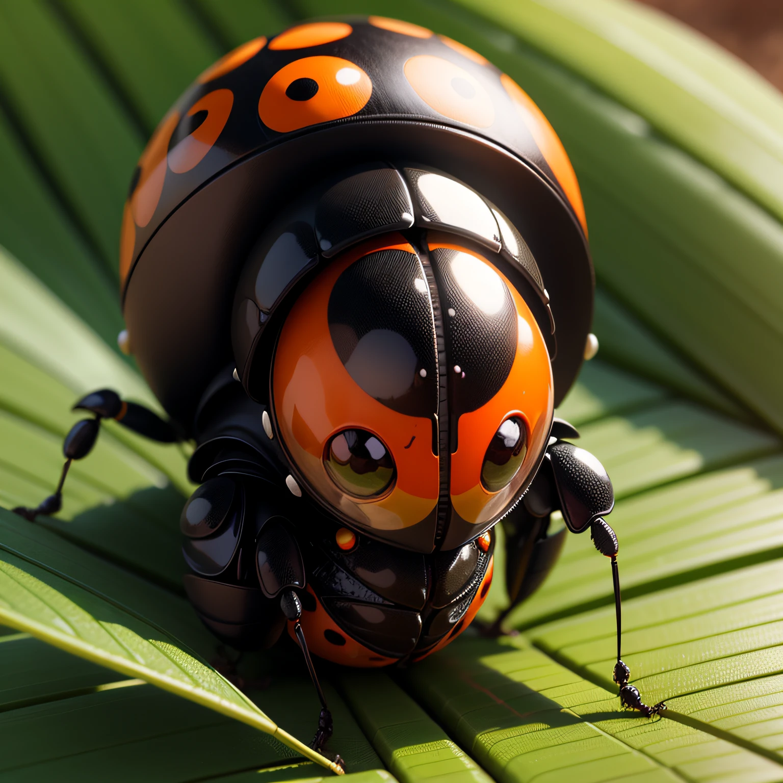 There is a black and orange ladybug sitting on a green leaf, huge ladybug mothership, ladybug robots, Joaninha como um monstro, ultra realistic 3d illustration, huge ladybug motherships, joaninha, circunstanciado. inseto como, Described as a 3D rendering, foto de retrato em close-up, bonito 3 d render, friendly humanoid insect robot, fotografia macro 8k, ultrarealistic illustration.  imagens de joaninhas: [Imagem de uma joaninha vermelha com pontos pretos] [Imagem de uma joaninha preta com pontos vermelhos] [Imagem de uma joaninha laranja com pontos pretos] [Imagem de uma joaninha amarela com pontos pretos] [Imagem de uma joaninha verde com pontos pretos] Ladybugs are small, round insects with wings. They are usually red or orange with black dots, but they can also be black or yellow with red or black dots. Ladybugs are found all over the world and are known for their pest control abilities. Eles comem insetos nocivos, as aphids, besouros e lagartas. Ladybugs are considered lucky creatures in many cultures. --auto