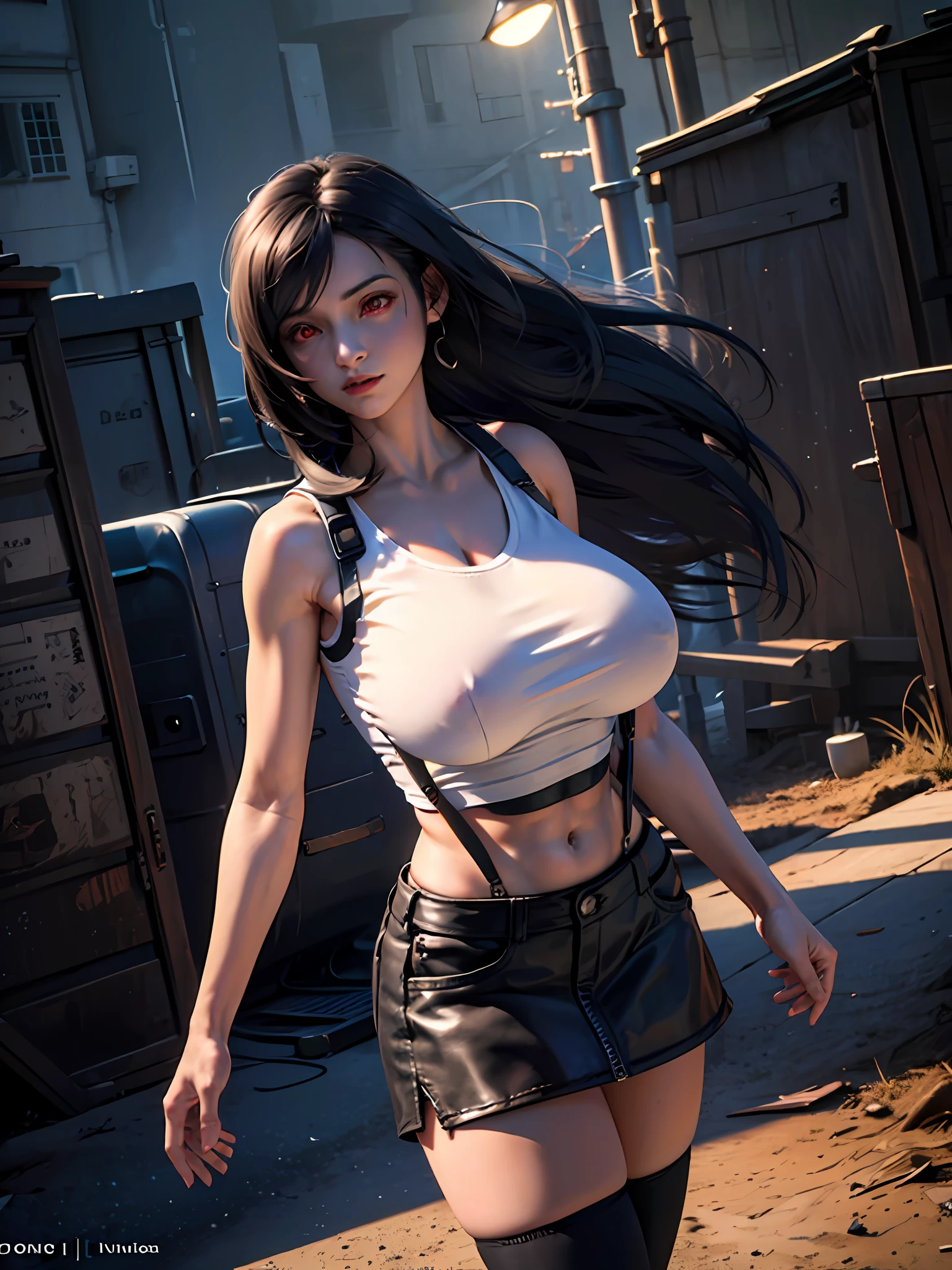 official art, unity 8k wallpaper, ultra detailed, beautiful and aesthetic, masterpiece, best quality, extremely detailed, dynamic angle, cowboy shot, elegant, vivid colours, atmospheric. Tifa lockhart, long black hair, red eyes, hair bangs, (white tank top:1.5), white top, (black miniskirt:1.4), suspenders, stockings, (huge breasts:1.5), cleavage, (red eyes:1.5)one girl, 1 girl, thin waist, wide hips, exposed abdomen, toned abs, toned arms, close up, see through clothes, semi transparant clothes, outside an industrial factory at night, a green atmospheric glow