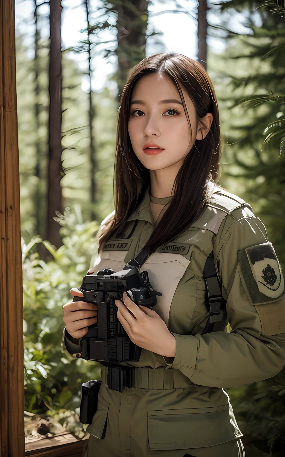 Highly detailed CG Unity 8k wallpaper, of the highest quality, super detailed, masutepiece, Realistic, Photorealistic, extremely detailed cute girl, 25 years old,
(Tactical clothing), (military outfits), By the window of a log house in the forest ,blush, Round eyes, medium breasts, ,viewer, Cowboy Shot,