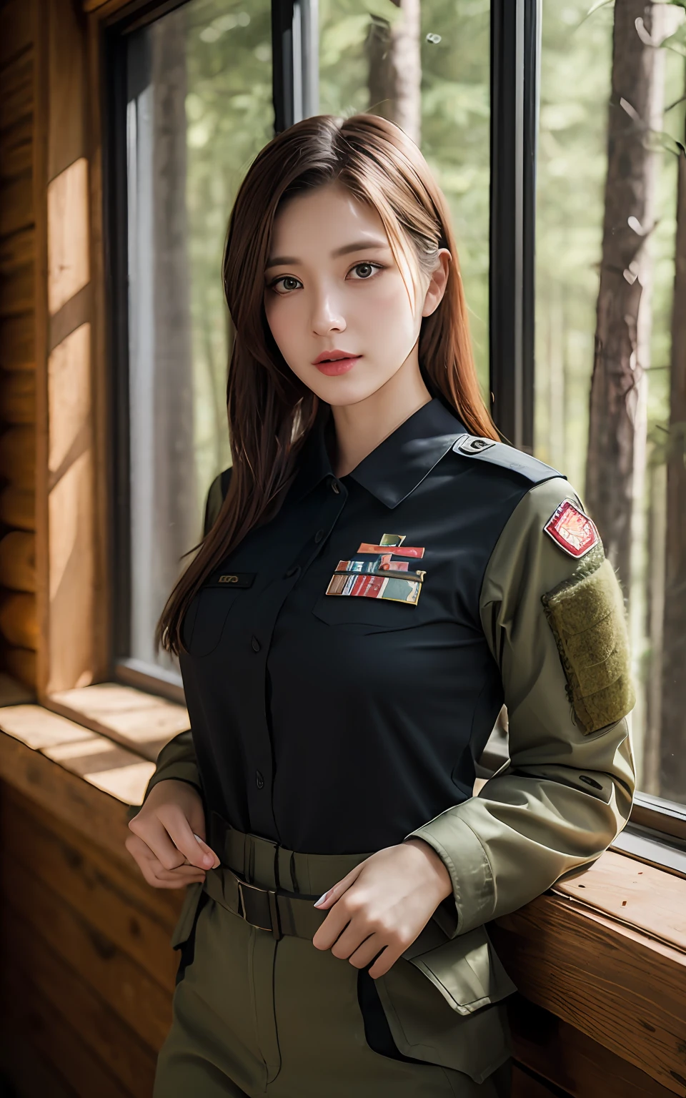 Highly detailed CG Unity 8k wallpaper, of the highest quality, super detailed, masutepiece, Realistic, Photorealistic, extremely detailed cute girl, 25 years old,
(Tactical clothing), (military outfits), By the window of a log house in the forest  ,blush, Round eyes, medium breasts,  ,viewer, Cowboy Shot,