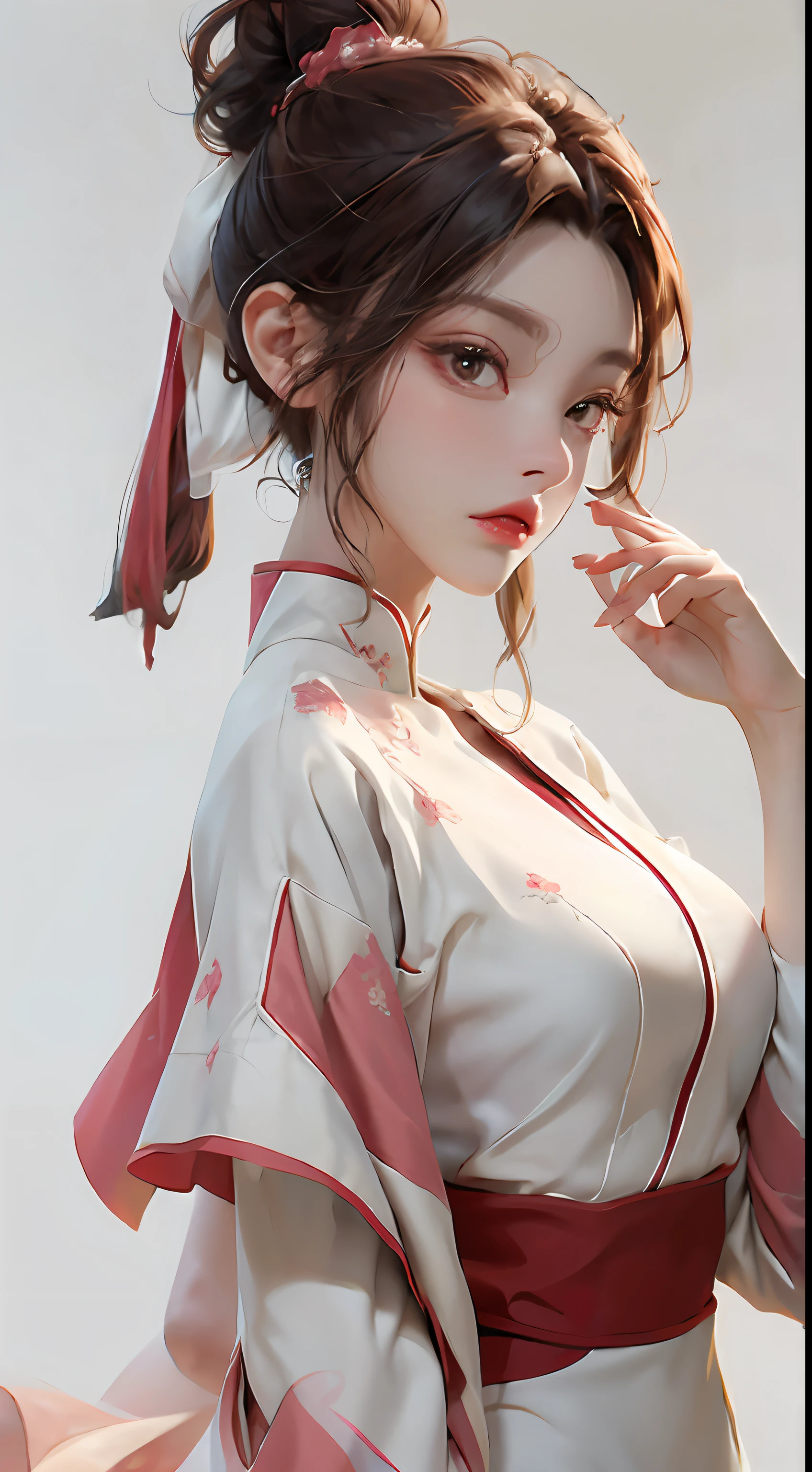 areola_slip,puffy areolae,papilla,1girl, solo, hair bun, single hair bun, profile, red lips, lipstick, long sleeves, makeup, two-tone background, hand up, from side, black dress, white background, pale skin, simple background, black background, full body, detail fingers,