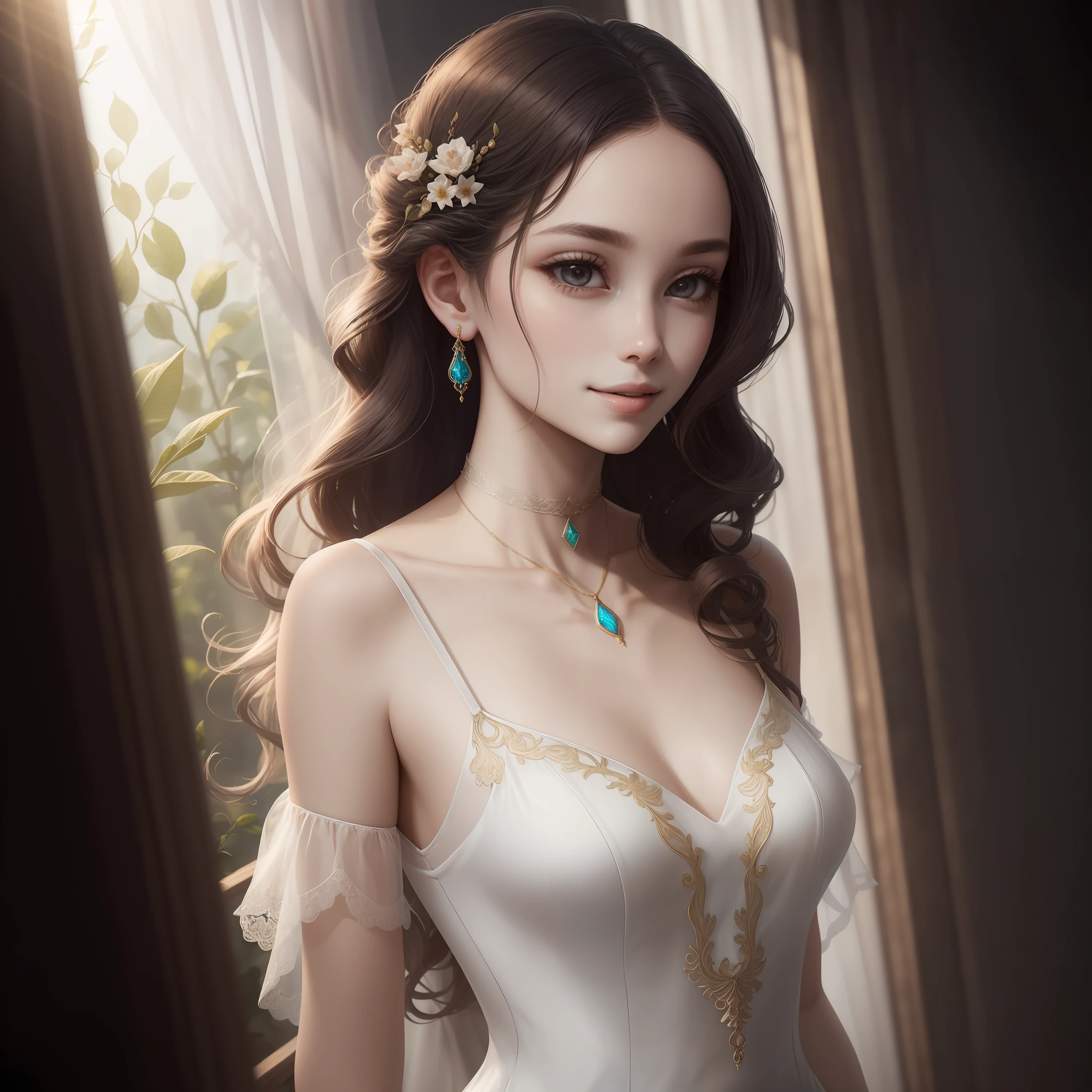 Best quality at best,tmasterpiece,A high resolution,1 fairy,Translucent silk porcelain dress,beautiful face,hair adornments,looking at viewert,ssmile,closing the mouth,cparted lips,shift dresses,hair adornments,choker necklace,jewely,long whitr hair,耳Nipple Ring,beautiful face,upon body,dingdall effect,真实感,dark studio,edge lit,twotonelighting,(highdetailskin:1.2),8k uhd,digital SLR camera,softlighting,high qulity,Volumetriclighting,photore,A high resolution,4k,8k, --auto