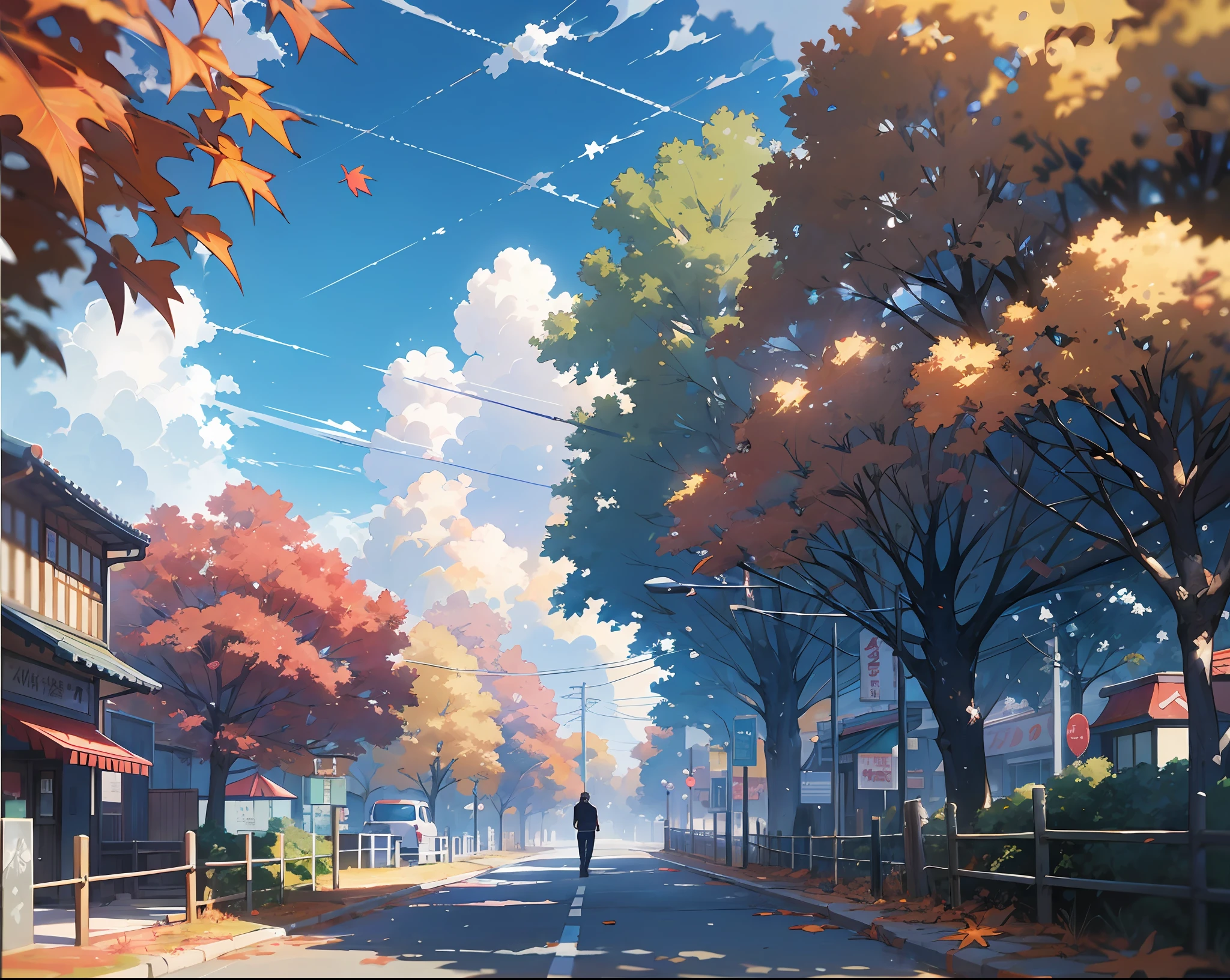 unmanned、Clear blue sky、Scaly clouds、Urban Japan、main street、buliding、Street trees with autumn leaves、Autumn leaves dotted、Spotty light、Beautiful anime、By Shinkai Makoto、((By Shinkai Makoto))、Anime Background Art、anime backgrounds、style of makoto shinkai、anime movie background、No humans。
