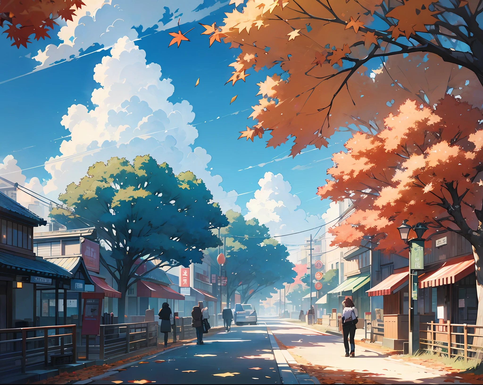 unmanned、Clear blue sky、Scaly clouds、Urban Japan、main street、buliding、Street trees with autumn leaves、Autumn leaves dotted、Spotty light、Beautiful anime、By Shinkai Makoto、((By Shinkai Makoto))、Anime Background Art、anime backgrounds、style of makoto shinkai、anime movie background、No humans。