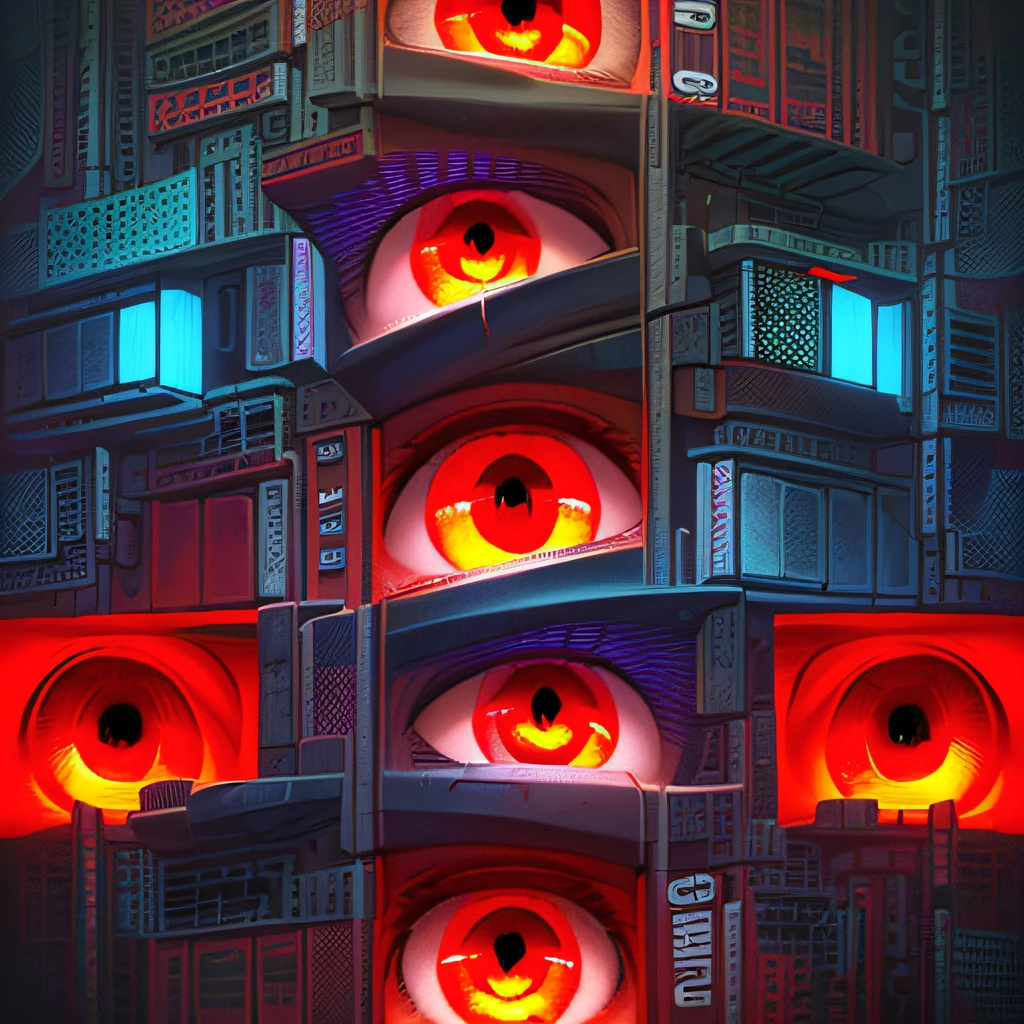 Buildings with red signs are、Has eyes of different colors, Human eye, Eye walls, Eyes everywhere, Inspired by Jodorowsky, Futuristic cubism, Detailed Big Eyes, artwork of a hong kong street, Multiple eyes, eyeballs, Blade Runner's Eye, Synthetic cubism, Wall eyeball