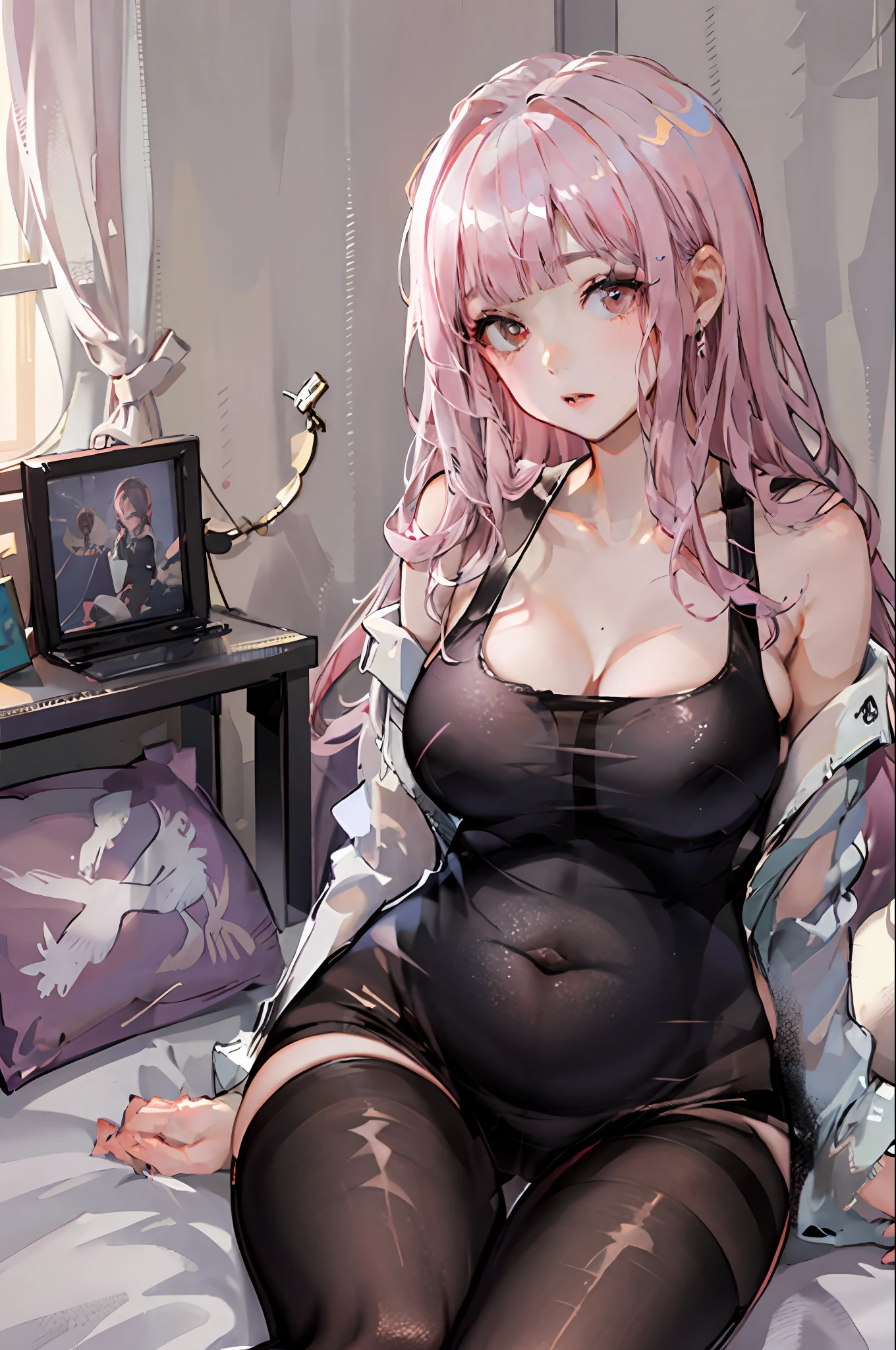 (((1个Giant Breast Girl)),Ray traching,(dim murky lights),[detailedbackground(Bedrooms)),((Silvery hair)),((A pink-haired)),(((((Fluffy pink hair,plump and slender girl)))))Avoid golden eyes in the ominous bedroom((((Girl wears white shirt,Black wrinkled skirt,Wear yours with black sheer pantyhose),It shows a delicate and slender figure and beautiful curves,Correct limbs,sit on a bed,Pregnant belly,Pregnant belly,Pregnant women with