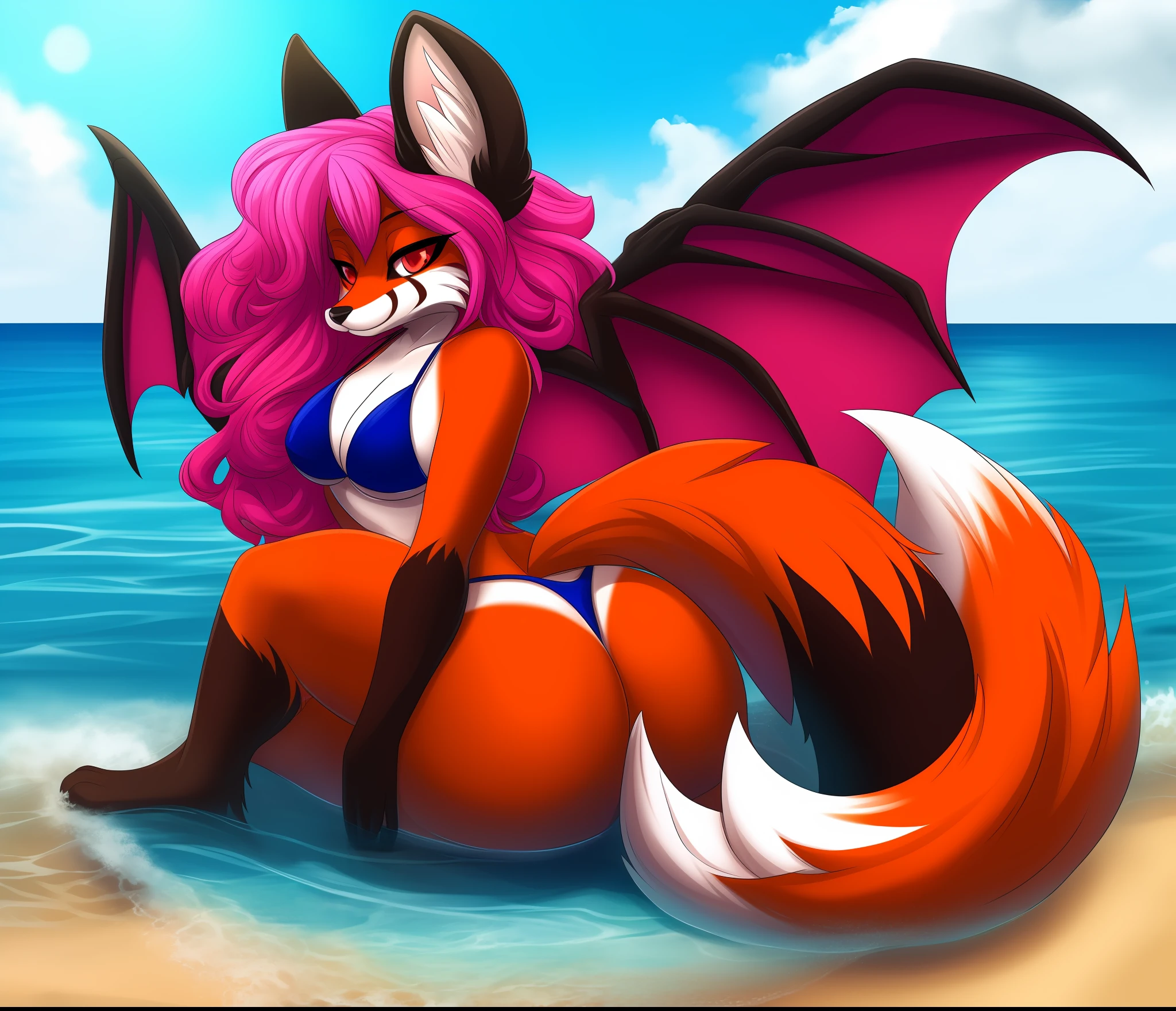 vanessa, female,fox, furry, sexy, bikini, wet with water, on a beach, big curly hair, pink hair tip, big thighs, reddish orange color, dragon wings, sexy, maquiagem preta no olho, orelhas pretas, cabelos bem volumosos, sexy, big butts, dark cyan fur