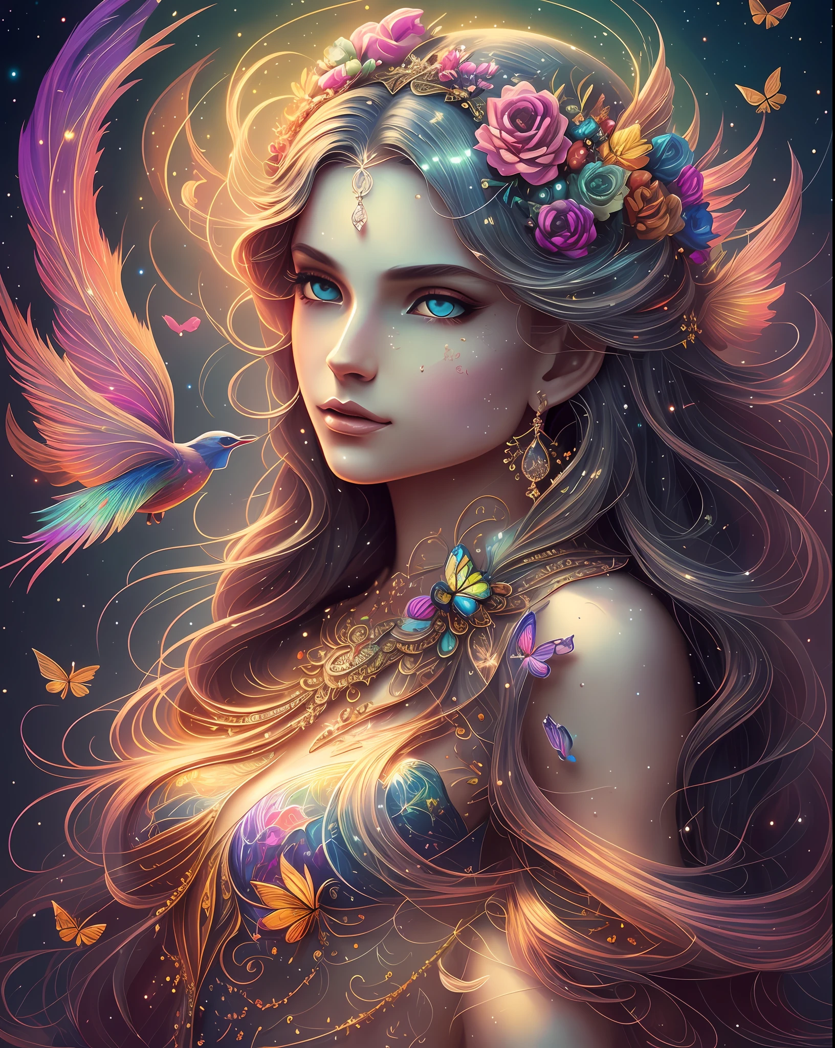 (((masterpiece))), (((best quality))), ((ultra-detailed)),(highly detailed CG illustration), ((an extremely delicate and beautiful)),cinematic light, Create a stunning fantasy artwork that mimics the style of currently trending masters of the genre. The art piece should contain elements of both mythic fantasy and fairytale fantasy with colorful accents. The character in the artwork is a delicate but strong figure with an aura of mystery and magic. The character should be petite with subtle breasts. Pay close attention to intricate facial features, such as mesmerizing eyes with vibrant colors and delicate shading. The character's clothing should be designed with gossamer feathers, silk, stunning embroidery, and subtle iridescent details. Incorporate vibrant colors, dynamic lighting, and detailed background elements to create a sense of awe and immersion. Include colorful flying magical birds and jewel-toned butterflies radiating a magical aura. Consider the latest trends in fantasy art, such as incorporating unique lighting effects, exploring dynamic and compelling composition techniques, and experimenting with unique color palettes. Take inspiration from the top artists on ArtStation and Midjourney. Camera: Choose an angle that highlights the character's beauty and enhances the magical majesty of the artwork. Lighting: Utilize atmospheric lighting techniques to create depth and mood. Resolution: Aim for a high-resolution artwork to showcase intricate details and clarity. Art Inspirations: Seek inspiration from the trending artists on ArtStation, exploring different styles, genres, and themes.