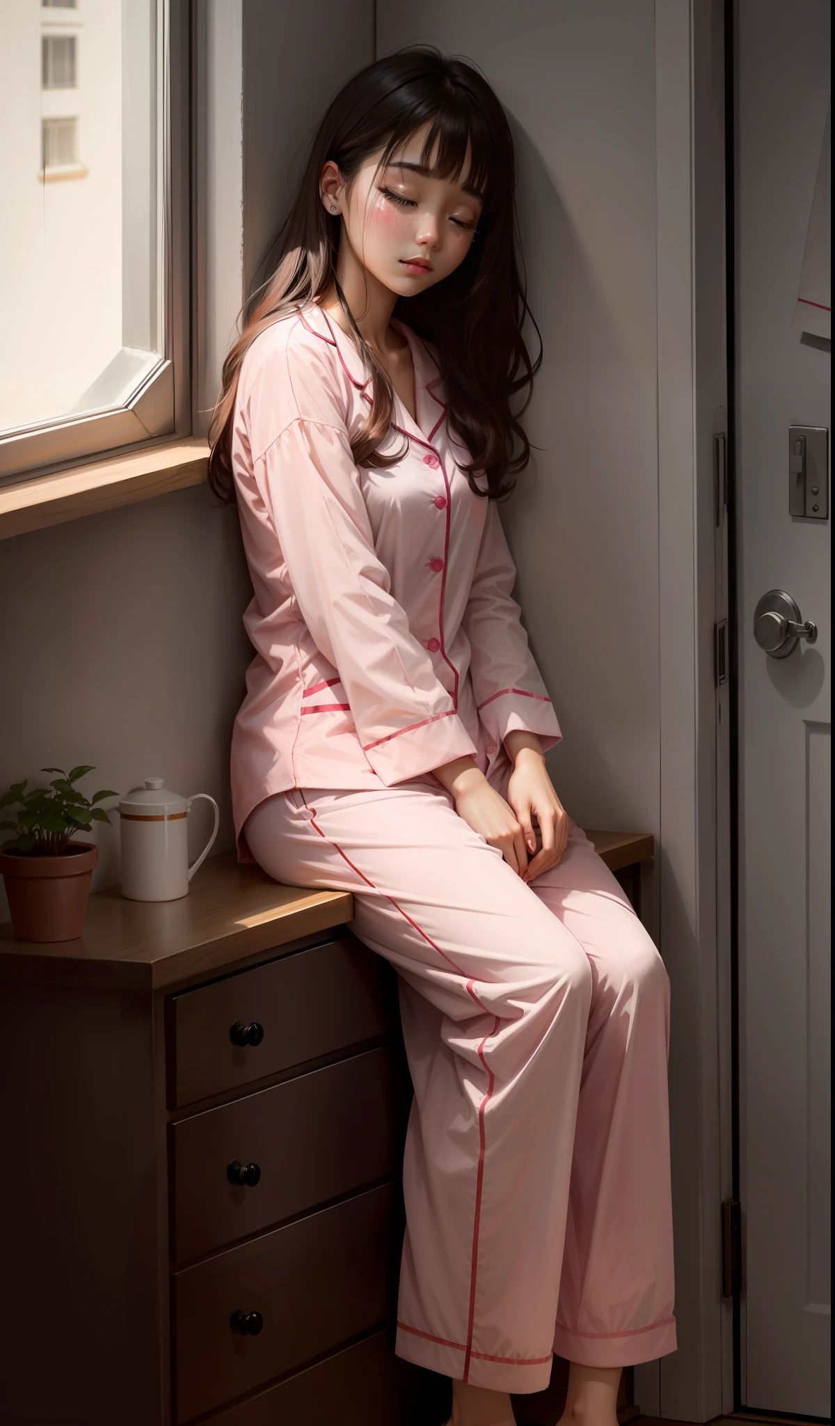 Sleeping girl，22 year old，realisticlying，She wore long trousers，Wearing pink B translucent pajamas，brown  hair。There are tears in the corners of the eyes