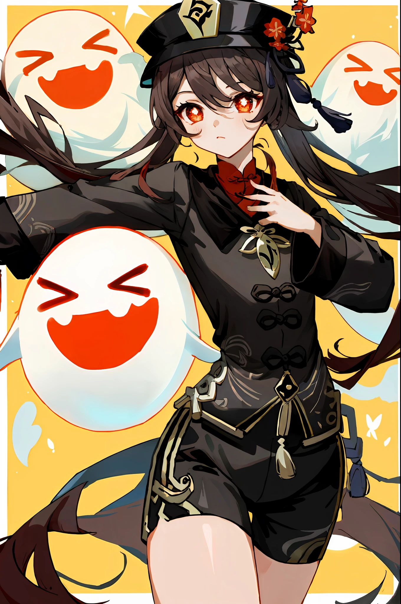 masterpiece, best quality,
1girl, hu tao (genshin impact), boo tao,hat, red eyes, twintails, brown hair, solo, symbol-shaped pupils, long hair,bangs, black shorts , chinese clothes,