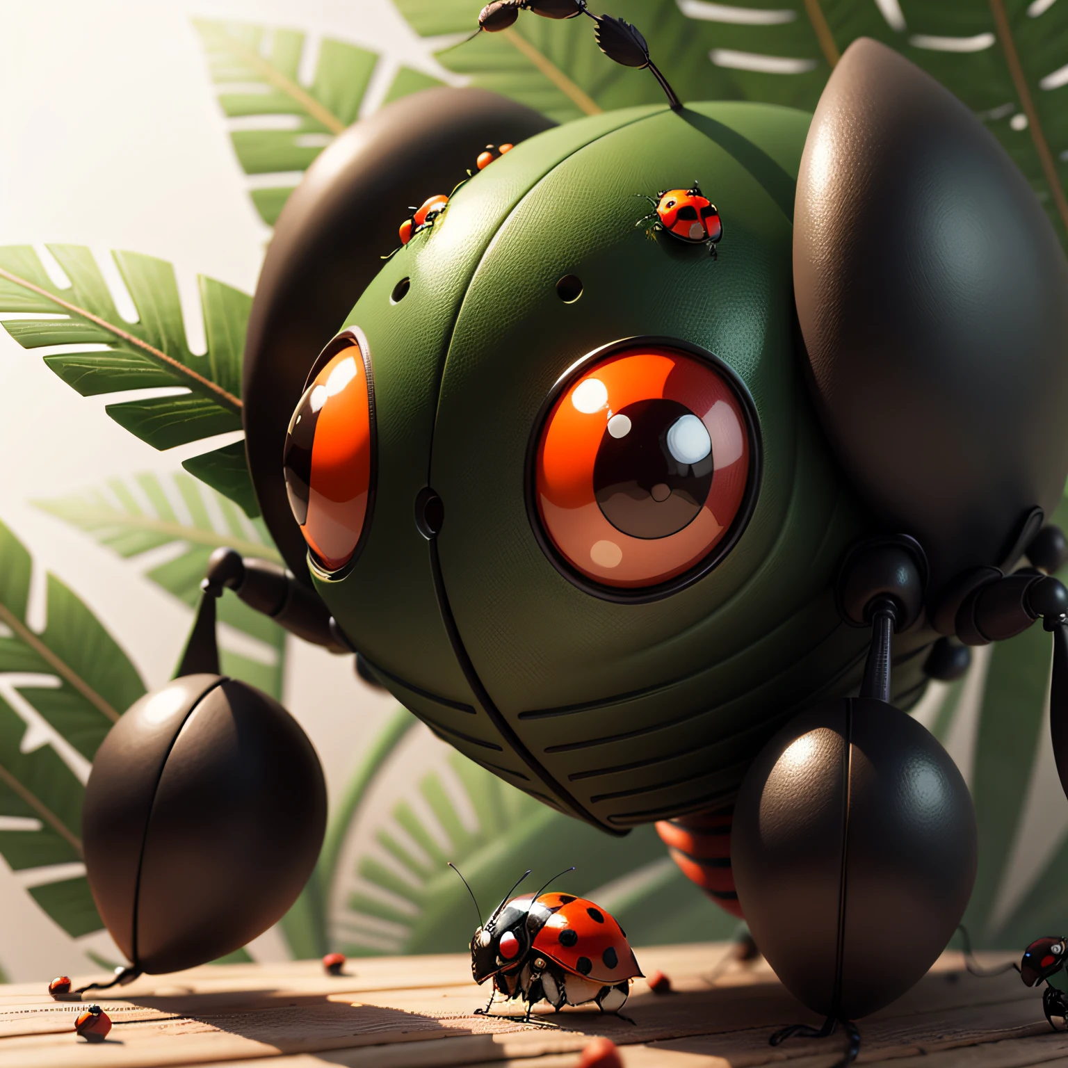 There is a black and orange ladybug sitting on a green leaf, huge ladybug mothership, ladybug robots, Joaninha como um monstro, ultra realistic 3d illustration, huge ladybug motherships, joaninha, circunstanciado. inseto como, Described as a 3D rendering, foto de retrato em close-up, bonito 3 d render, friendly humanoid insect robot, fotografia macro 8k, ultrarealistic illustration.  imagens de joaninhas: [Imagem de uma joaninha vermelha com pontos pretos] [Imagem de uma joaninha preta com pontos vermelhos] [Imagem de uma joaninha laranja com pontos pretos] [Imagem de uma joaninha amarela com pontos pretos] [Imagem de uma joaninha verde com pontos pretos] Ladybugs are small, round insects with wings. They are usually red or orange with black dots, but they can also be black or yellow with red or black dots. Ladybugs are found all over the world and are known for their pest control abilities. Eles comem insetos nocivos, as aphids, besouros e lagartas. Ladybugs are considered lucky creatures in many cultures. --auto