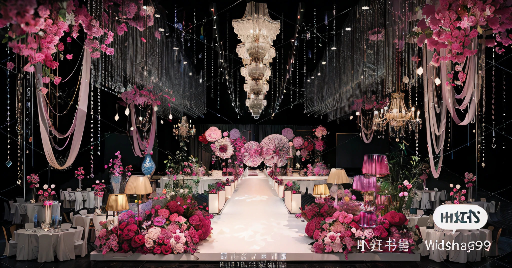 opulent ,Beautiful rendering,hyper HD,Hyper-realistic,With crystal chandelier,Nanyang style wedding scene,CG rendering,lavishly decorated,enscape render,Rose red,Luxurious crystal ceiling,Wedding,opulent,high qulity,with details