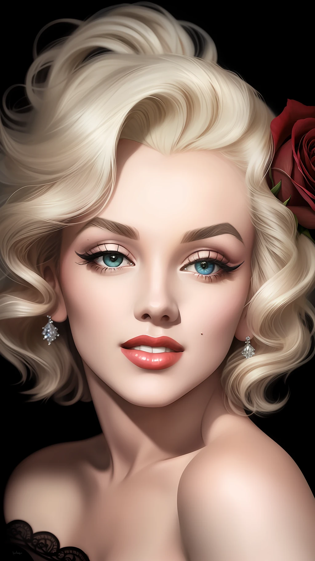 close up photo of Marilyn Monroe, off shoulder ,hyper realistic photo, (rose) digital art, black background, among the roses, official photo art, blown by the wind, masterpiece, beautiful, , intricate detail. Great detail,  Trending on Artstation, Rachel Walker