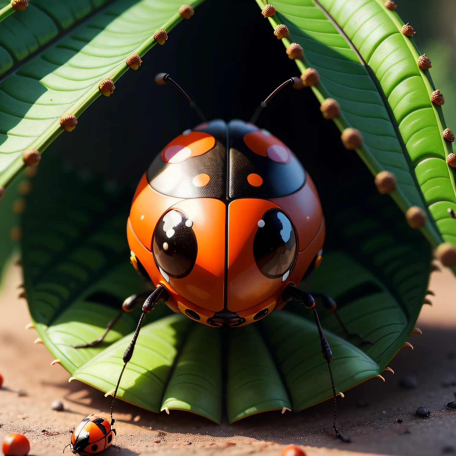 There is a black and orange ladybug sitting on a green leaf, huge ladybug mothership, ladybug robots, Joaninha como um monstro, ultra realistic 3d illustration, huge ladybug motherships, joaninha, circunstanciado. inseto como, Described as a 3D rendering, foto de retrato em close-up, bonito 3 d render, friendly humanoid insect robot, fotografia macro 8k, ultrarealistic illustration.  imagens de joaninhas: [Imagem de uma joaninha vermelha com pontos pretos] [Imagem de uma joaninha preta com pontos vermelhos] [Imagem de uma joaninha laranja com pontos pretos] [Imagem de uma joaninha amarela com pontos pretos] [Imagem de uma joaninha verde com pontos pretos] Ladybugs are small, round insects with wings. They are usually red or orange with black dots, but they can also be black or yellow with red or black dots. Ladybugs are found all over the world and are known for their pest control abilities. Eles comem insetos nocivos, as aphids, besouros e lagartas. Ladybugs are considered lucky creatures in many cultures. --auto