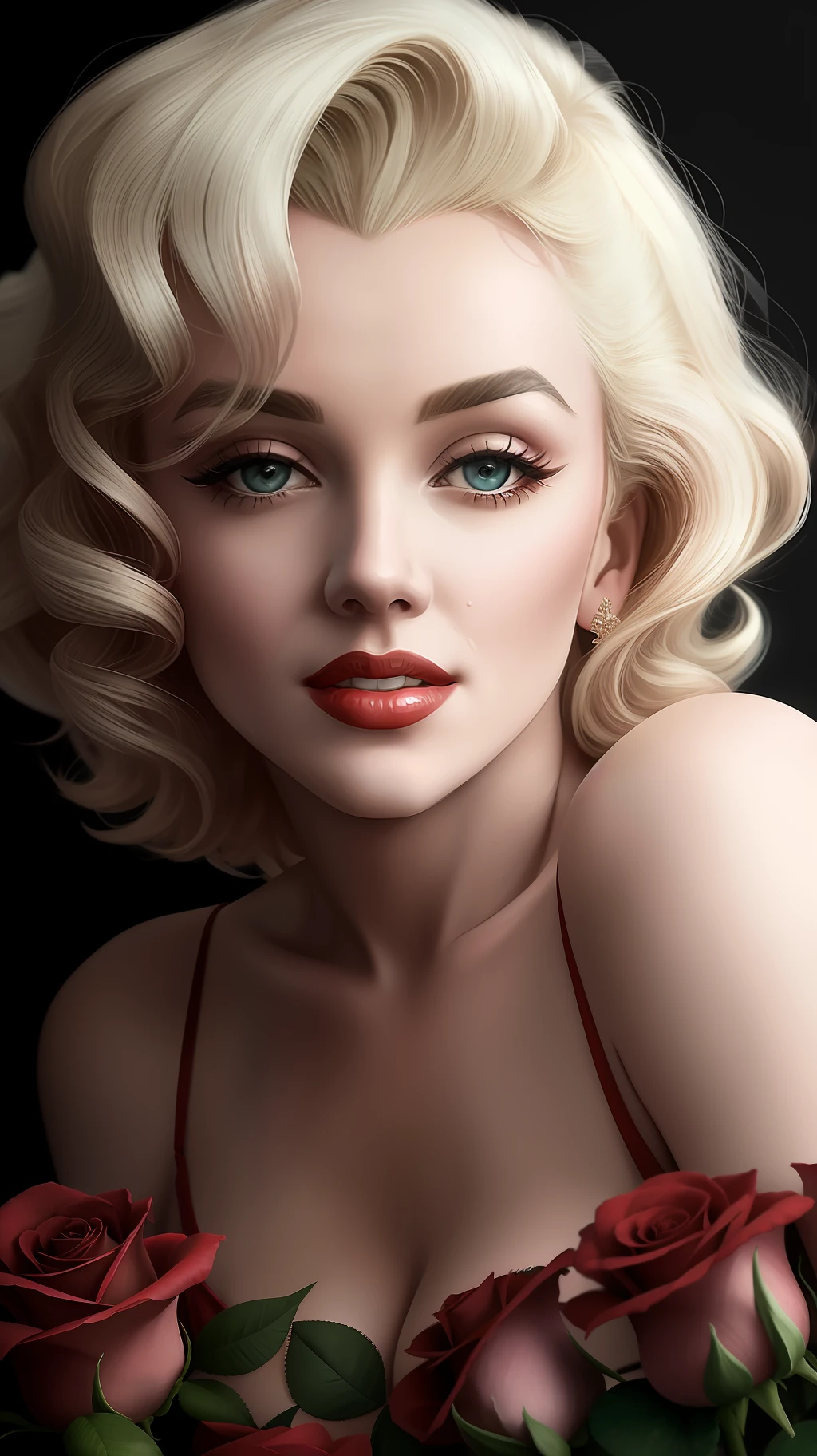 close up photo of Marilyn Monroe, off shoulder ,hyper realistic photo, (rose) digital art, black background, among the roses, official photo art, blown by the wind, masterpiece, beautiful, , intricate detail. Great detail,  Trending on Artstation, Rachel Walker