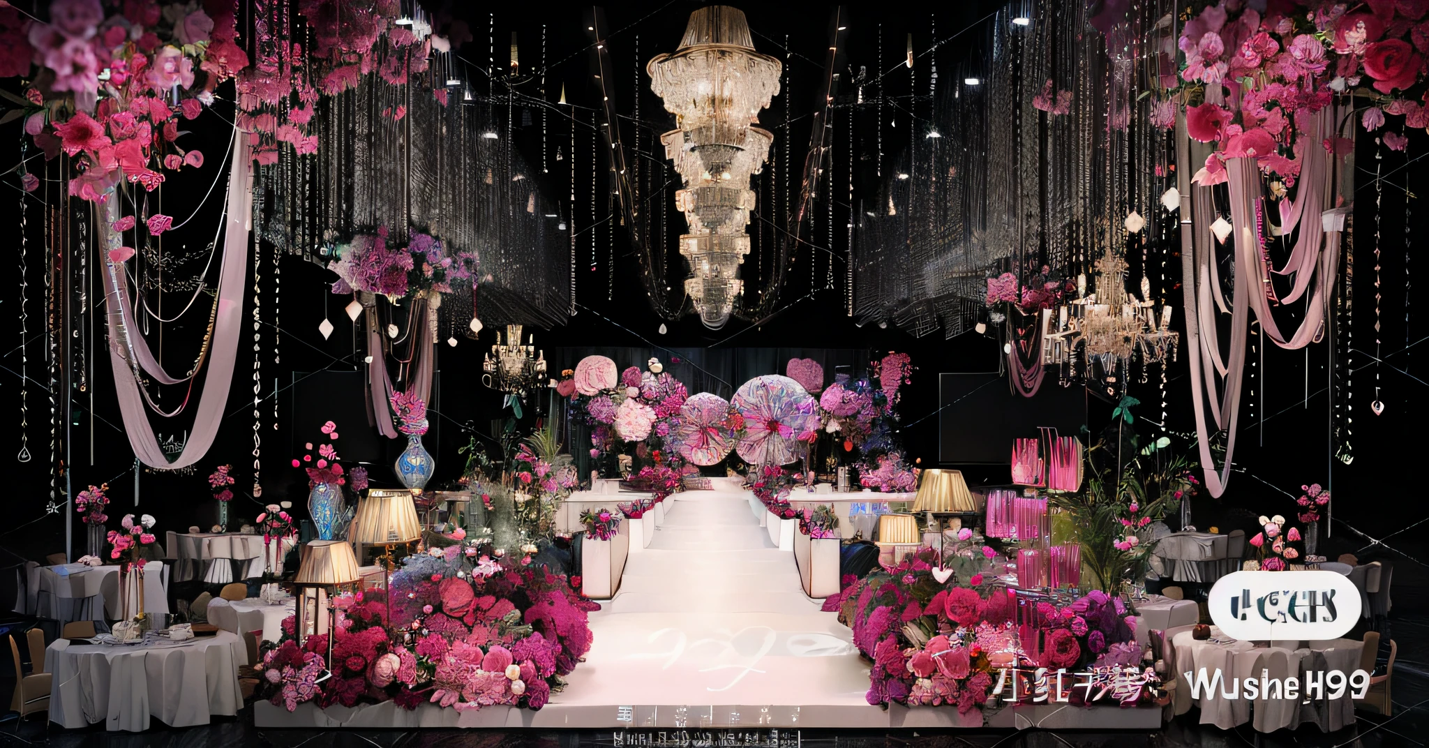 opulent ,Beautiful rendering,hyper HD,Hyper-realistic,With crystal chandelier,Nanyang style wedding scene,CG rendering,lavishly decorated,enscape render,Rose red,Luxurious crystal ceiling,Wedding,opulent,high qulity,with details
