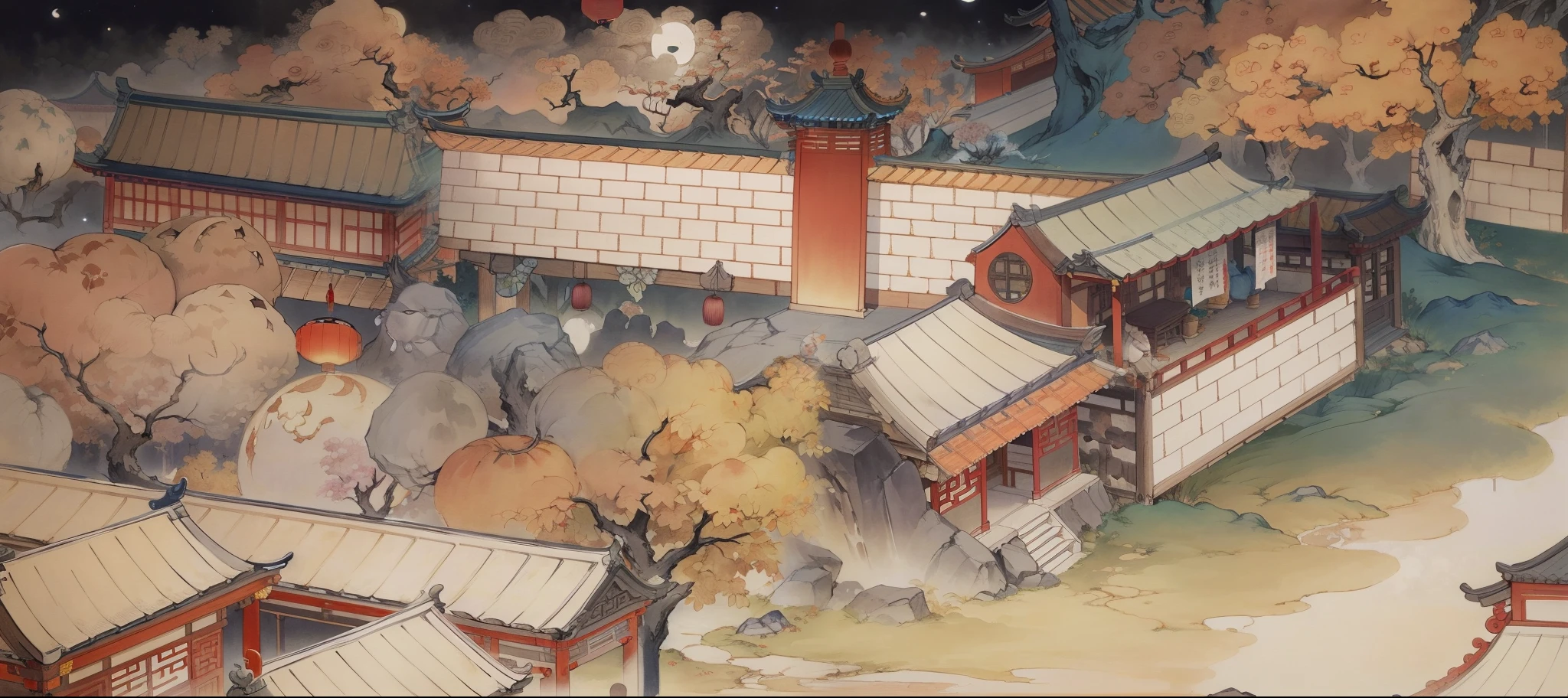 Ancient Chinese landscapes,Ancient buildings,Pavilions,Carved beams and paintings,enchanting scenery,Night,Moon light,Layered, Rich light and shadow,Mid-Autumn Festival, Ink painting style,clean color,Low-saturation colors,Colors of low brightness,Decisive cut,Leave white space,impressionistic,tmasterpiece,ultra - detailed,Epic composition, HighestQuali,hyper realisitc,Art germ --v 6