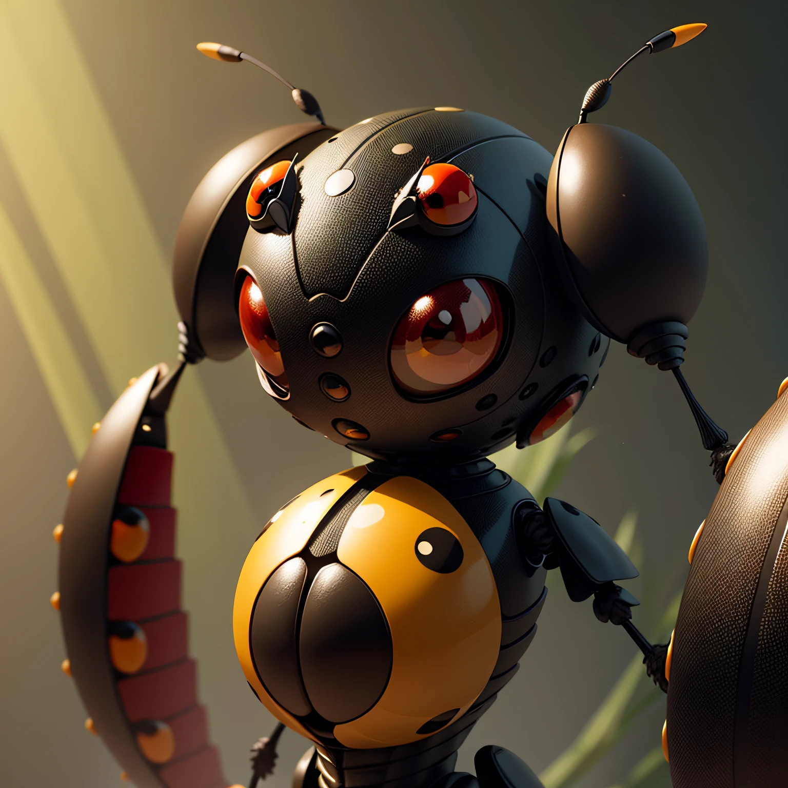 There is a black and orange ladybug sitting on a green leaf, huge ladybug mothership, ladybug robots, Joaninha como um monstro, ultra realistic 3d illustration, huge ladybug motherships, joaninha, circunstanciado. inseto como, Described as a 3D rendering, foto de retrato em close-up, bonito 3 d render, friendly humanoid insect robot, fotografia macro 8k, ultrarealistic illustration.  imagens de joaninhas: [Imagem de uma joaninha vermelha com pontos pretos] [Imagem de uma joaninha preta com pontos vermelhos] [Imagem de uma joaninha laranja com pontos pretos] [Imagem de uma joaninha amarela com pontos pretos] [Imagem de uma joaninha verde com pontos pretos] Ladybugs are small, round insects with wings. They are usually red or orange with black dots, but they can also be black or yellow with red or black dots. Ladybugs are found all over the world and are known for their pest control abilities. Eles comem insetos nocivos, as aphids, besouros e lagartas. Ladybugs are considered lucky creatures in many cultures. --auto