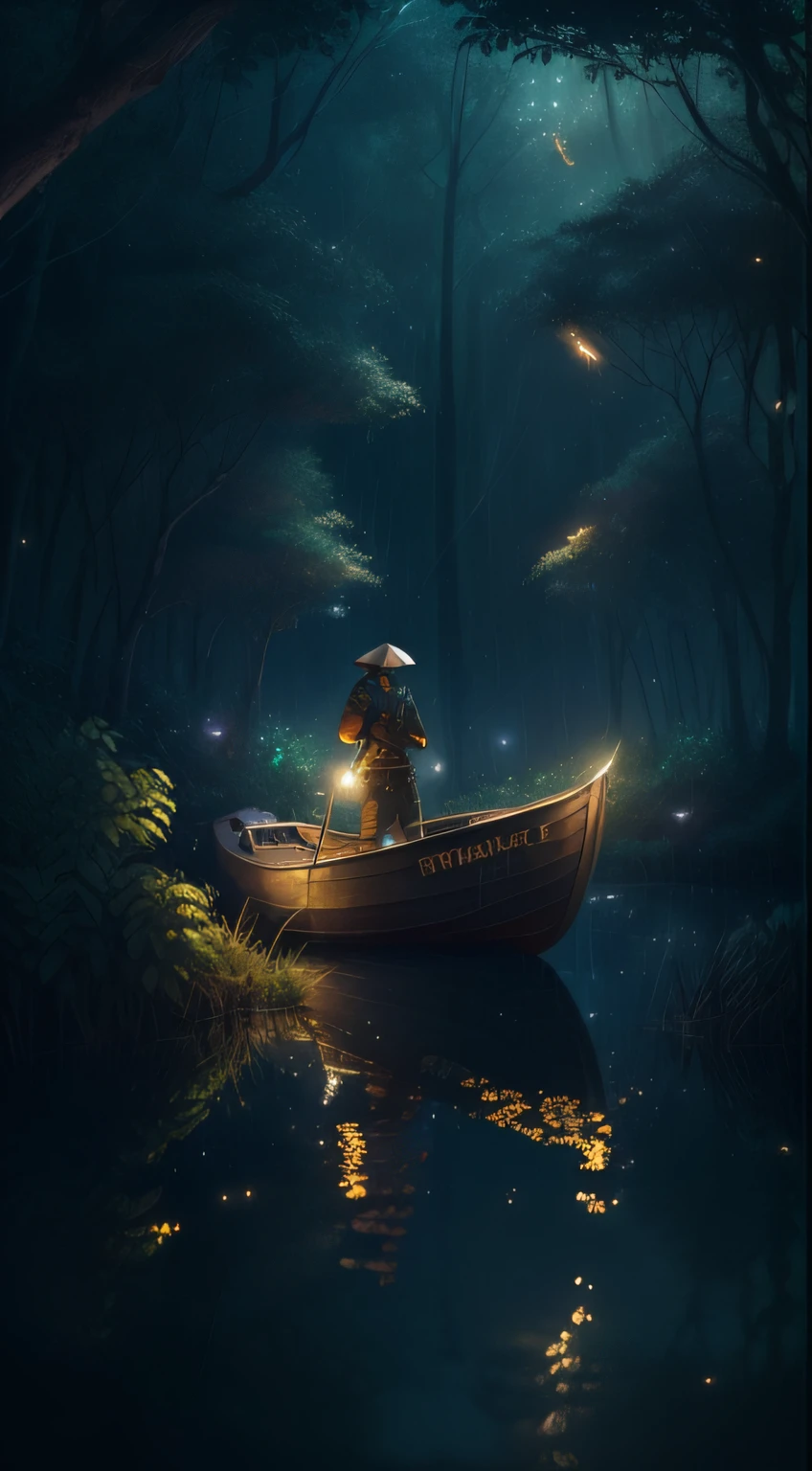 (boat) (lake) (night) (fireflies illuminating:1.2) dense jungle:1.2) (huge trees:1.2) (forest:1.2) (portrait:1.2) (fullbody:1.2) (adventure girl:1.2) (adventure gear:1.2) (commencing adventure:1.3) (brave pose:1.2) (fearless) (best quality:1.2) (attention to detail:1.2) (best quality:1.2) (perfection:1.2) (unearthly creatures flying:1.2) (windy:1.2) (raining:1.2) (night time:1.2) (artistic lighting:1.2) (sense of adventure:1.3) (eerie:1.2) (focus point:1.2) (artstation:1.2) (realism:1.3) (wide:1.2)
