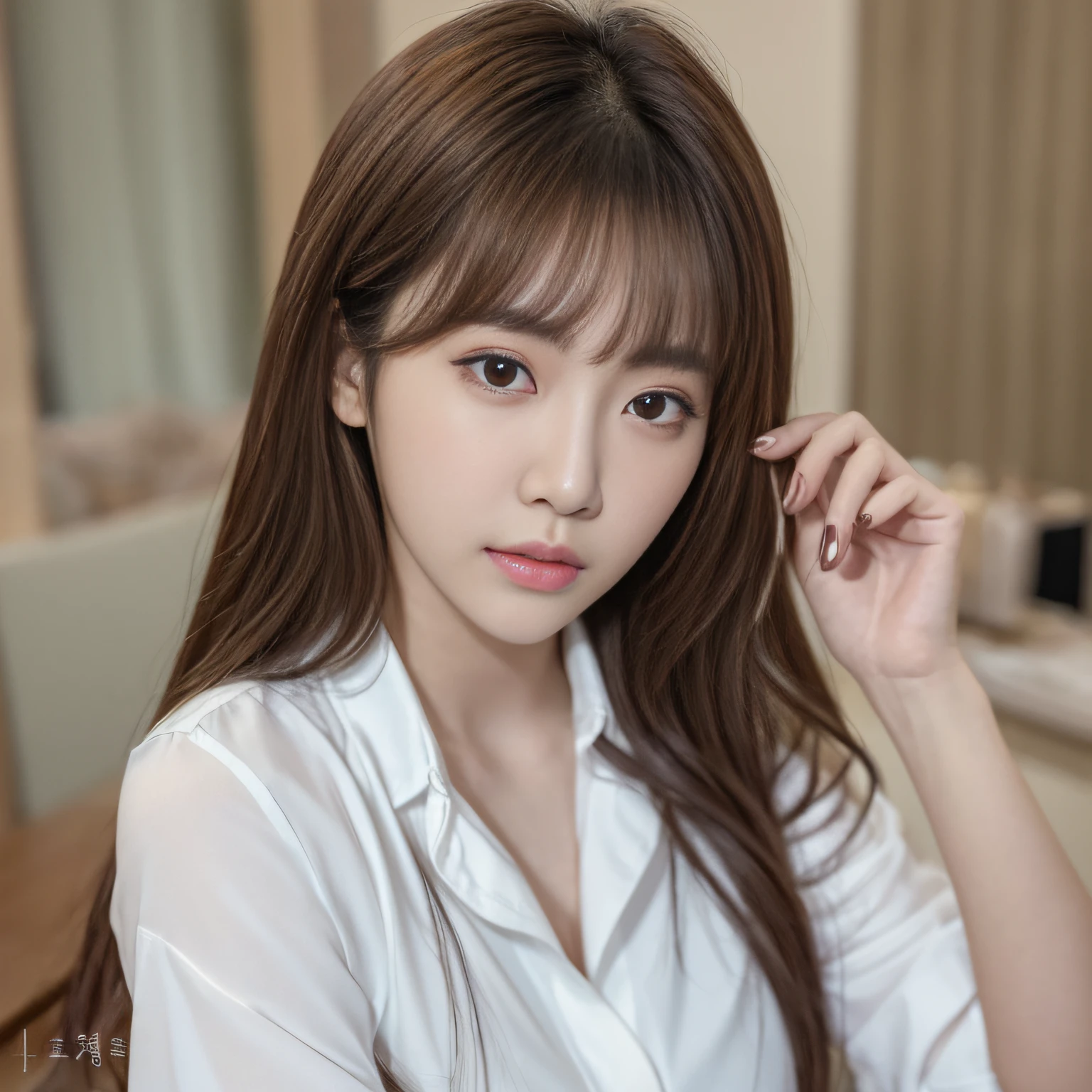 arafed asian woman with long brown hair and a white shirt, Young adorable Korean face, popular south korean makeup, Popular Korean Makeup, Beautiful young Korean woman, beautiful Korean women, Gorgeous young Korean woman, korean face features, korean artist, Portrait of female Korean idol, Korean Girl, soft portrait shot 8 k, lee ji-eun, lee ji - eun